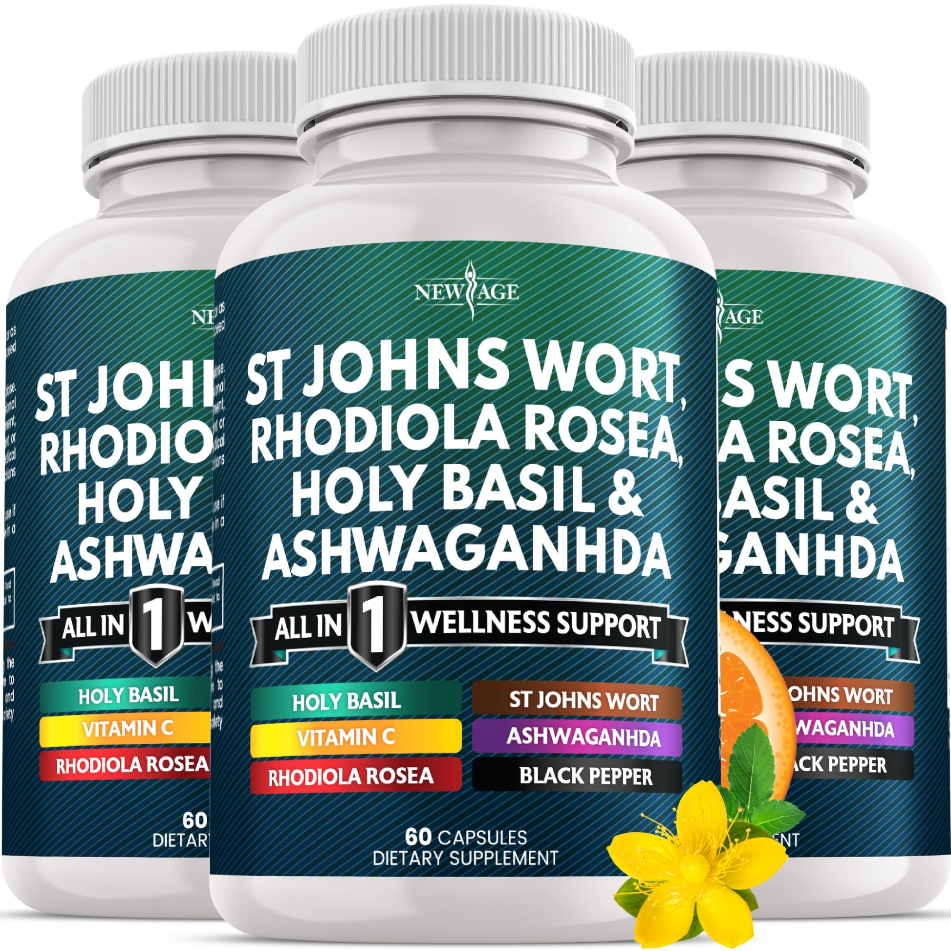 NEW AGE St Johns Wort, Rhodiola Rosea, Holy Basil, Ashwagandha - Support for Women and Men with Vitamin C & Black Pepper Extract - 180 Capsules