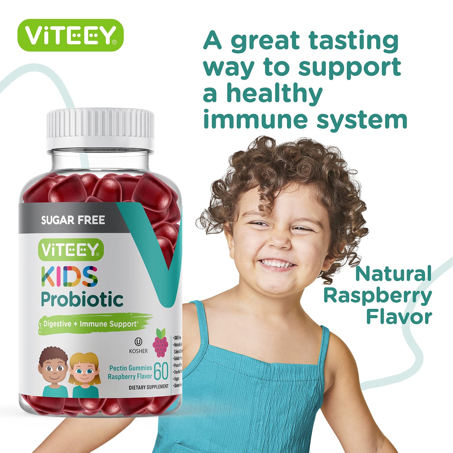 Viteey Probiotic Gummies for Kids, 2 Billion CFUs, 60 Count
