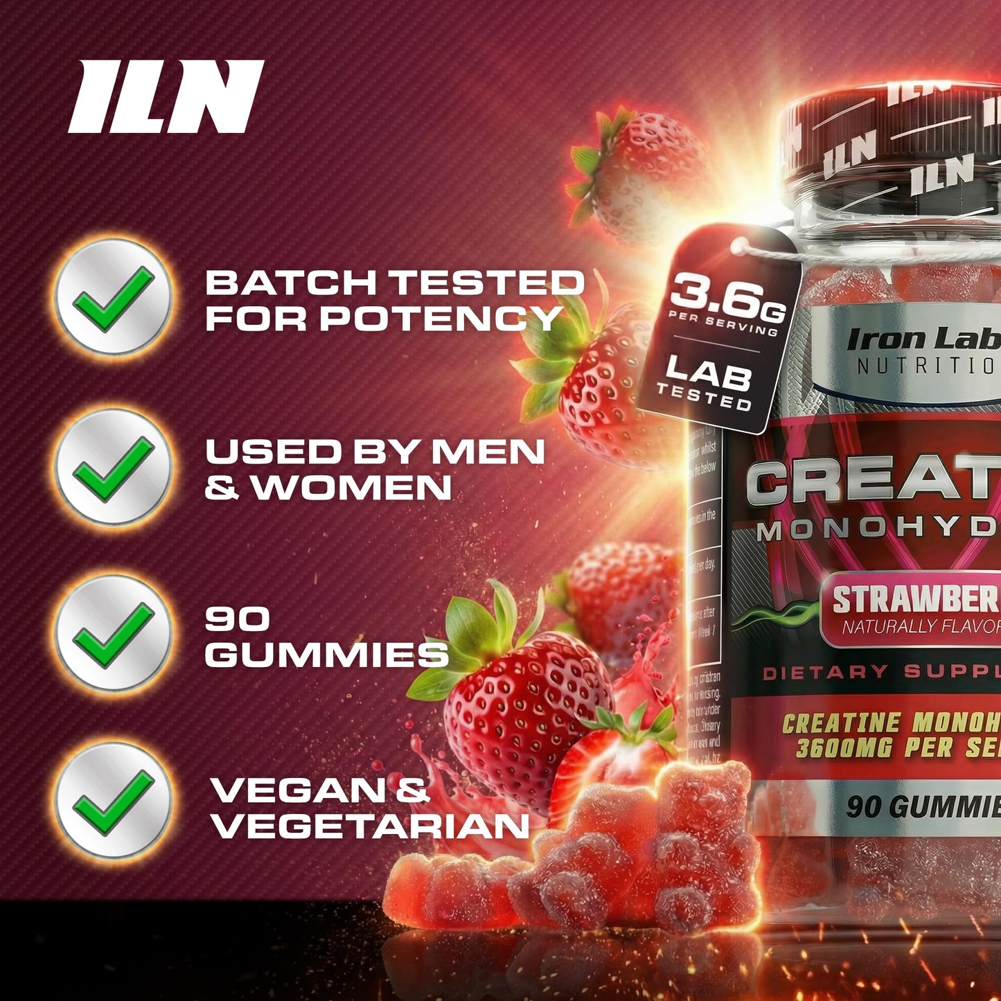 Iron Labs Nutrition Creatine Monohydrate Gummies – 3600mg Strawberry Flavor, 90 Gummies
