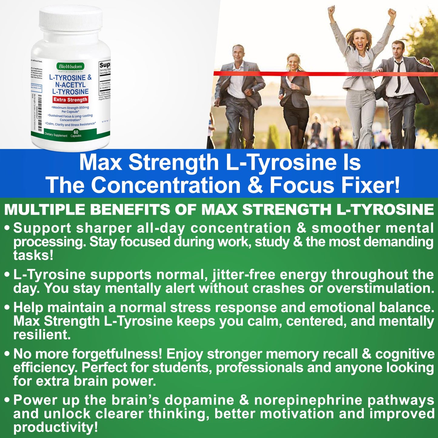 BioWisdom Nutraceuticals Max Strength L Tyrosine Supplement & N Acetyl L Tyrosine Peak Focus, Alertness, Concentration, Body & Mind Energy Capsule, 60 Count