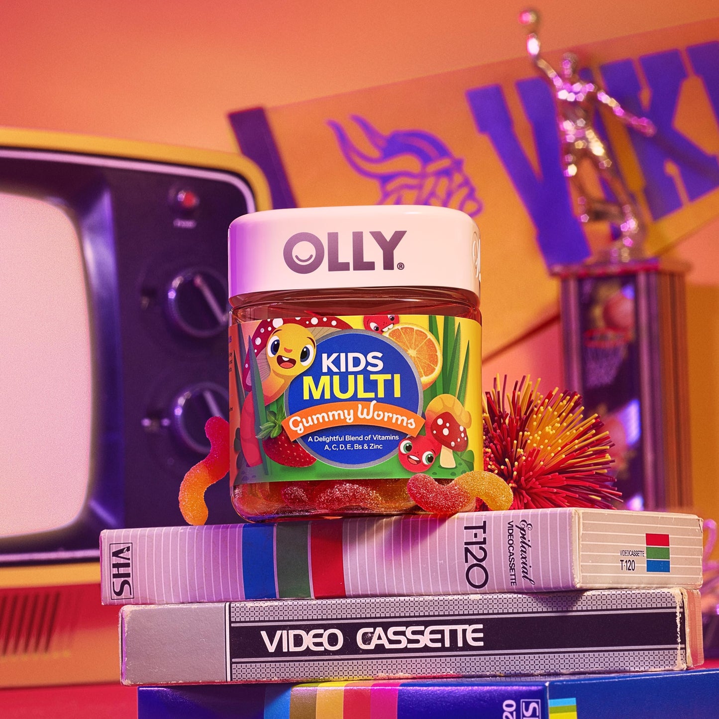 OLLY Kids Multivitamin Gummy Worms, Overall Health and Immune Support, Vitamins and Minerals A, C, D, E, Bs and Zinc, Kids Chewable Supplement, Sour Fruit Punch, 45 Day Supply - 100 Count