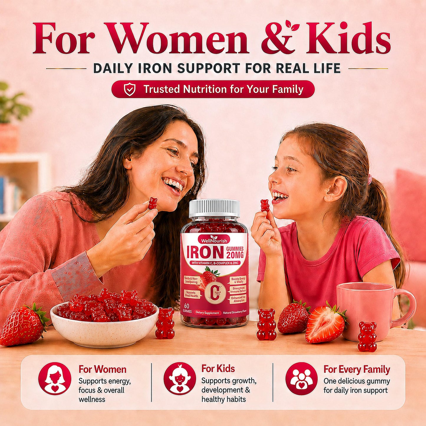 Wellnourish Iron Gummies for Women & Kids with Vitamin C, 20mg Gentle Iron, Sugar Free Strawberry, Non-Constipating, No Metallic Taste, 120 Count