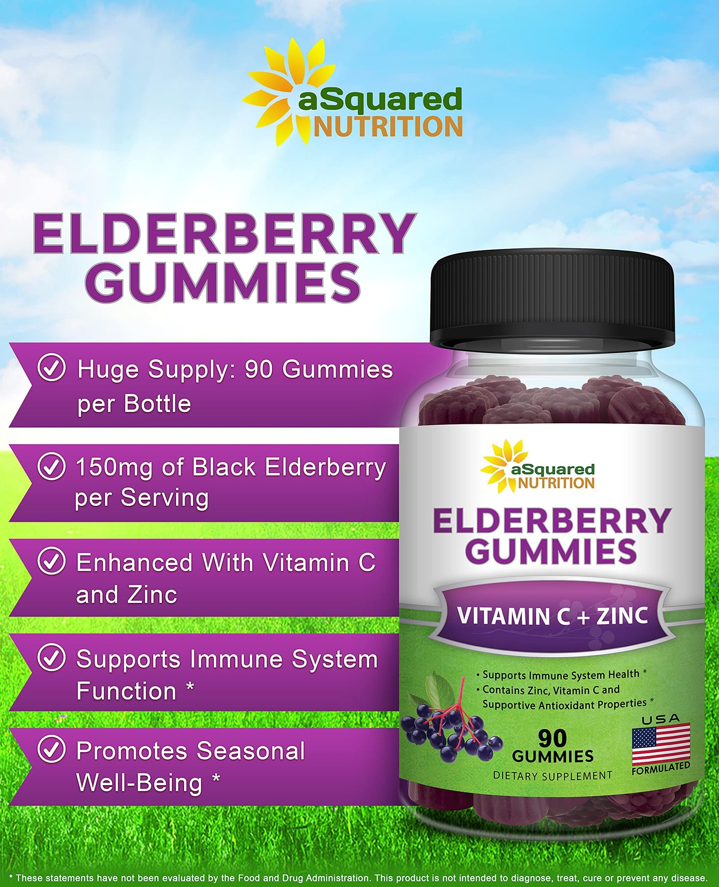 aSquared Nutrition Sambucus Elderberry Gummies with Zinc and Vitamin C Gummy 90 Count