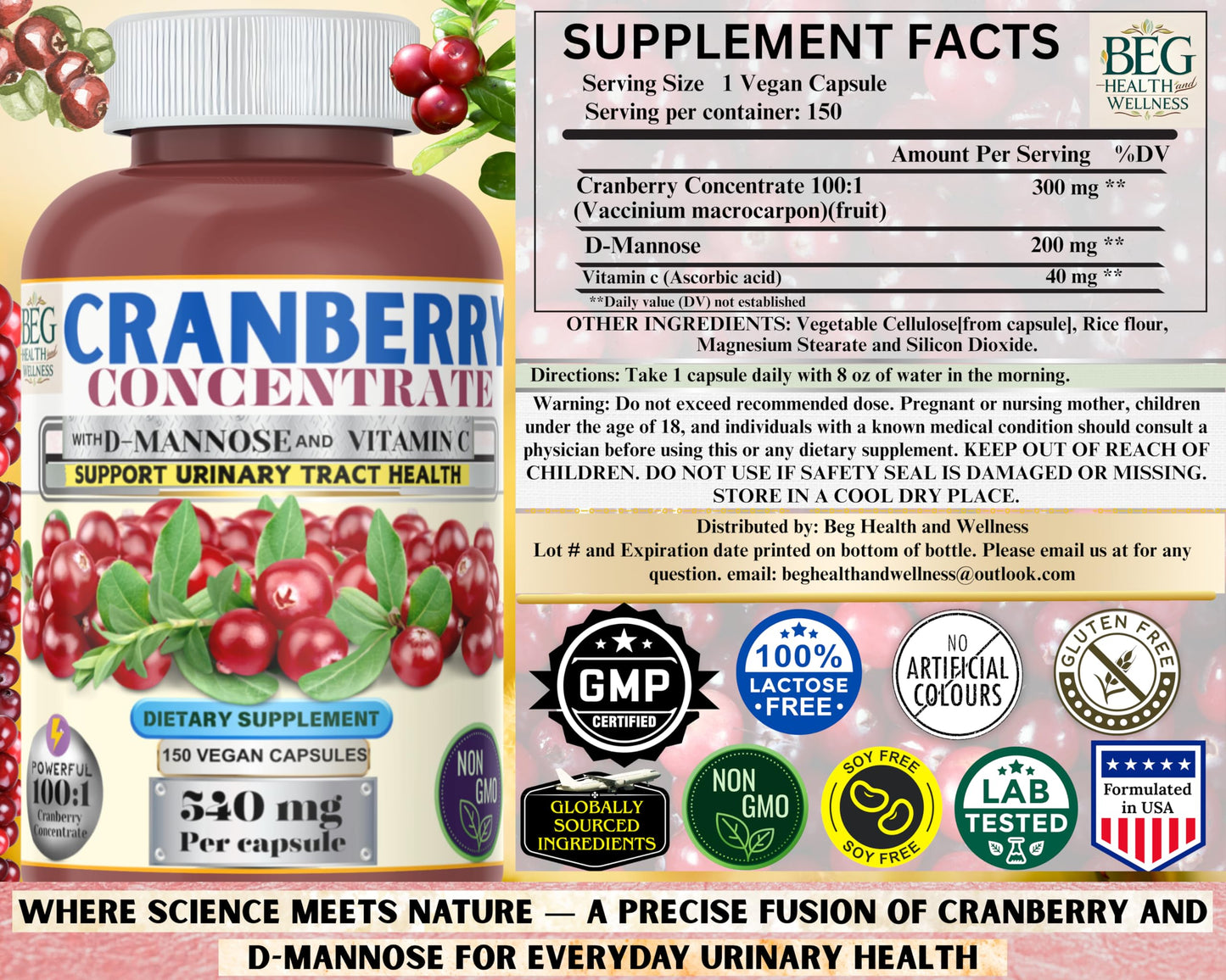 Generic Cranberry Supplement with D-Mannose & Vitamin C – Urinary Tract & Bladder Support, Vegan, Non-GMO, 150 Capsules