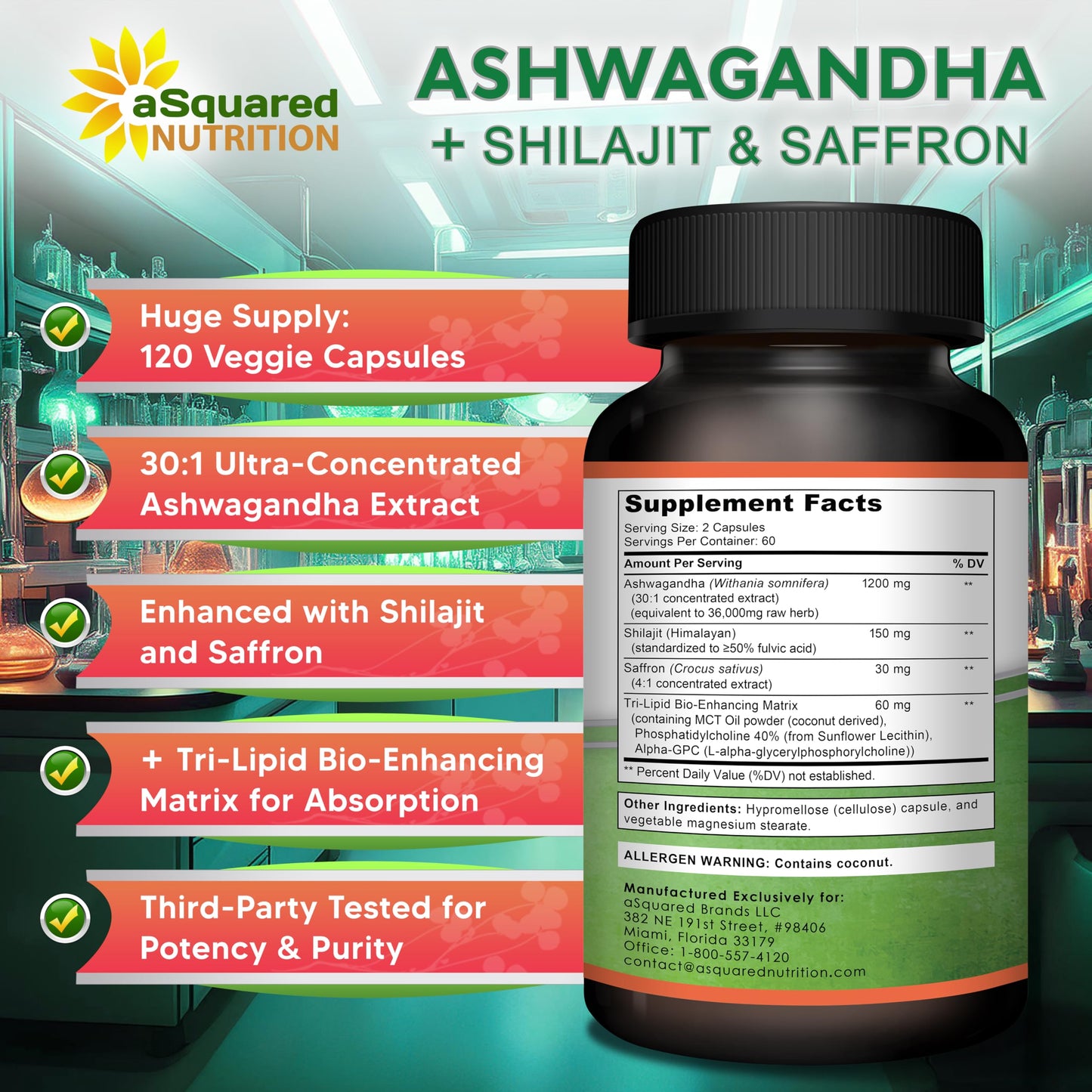 aSquared Nutrition Ashwagandha for Men & Women + Shilajit & Saffron, 120 Capsules
