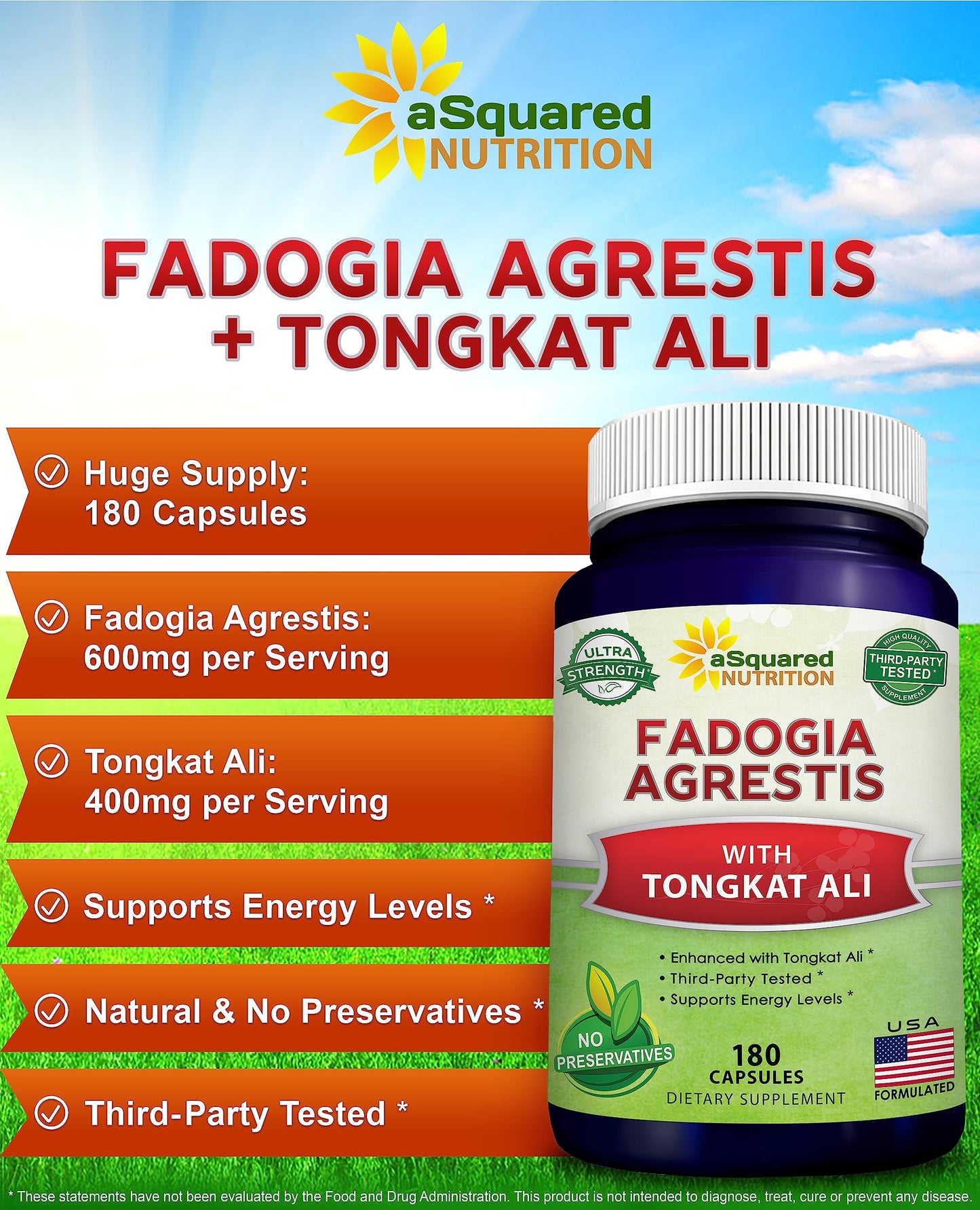 aSquared Nutrition Fadogia Agrestis 600mg and Tongkat Ali 400mg Capsules, 180 Count
