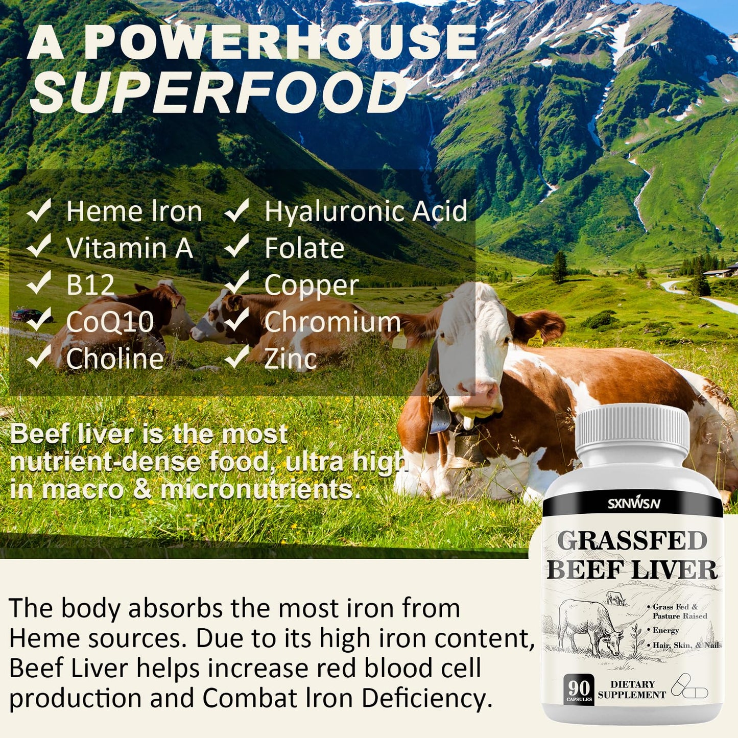 SXNWSN Grass Fed Beef Liver Capsules, 90 Count