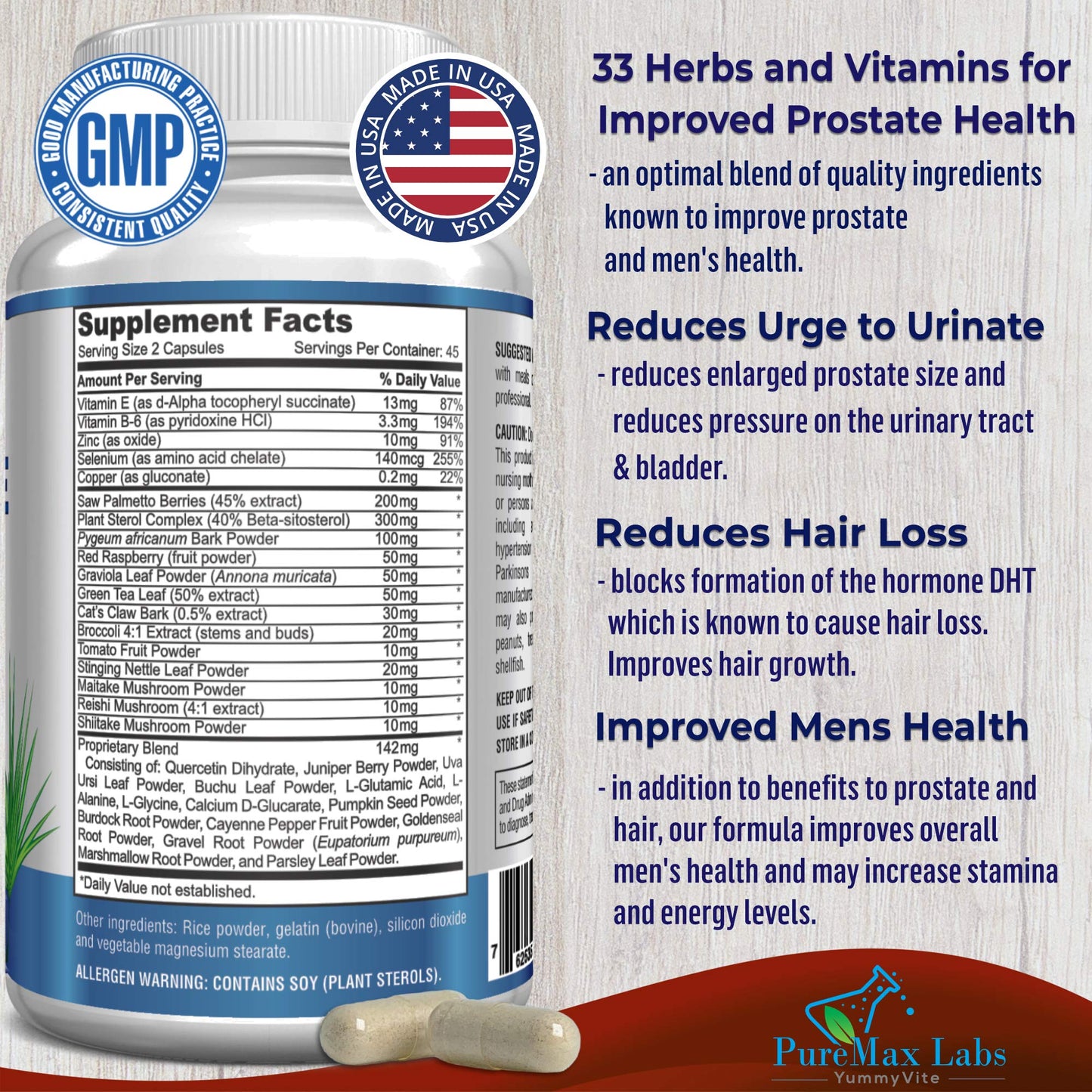 YUMMYVITE Prostate Support Formula for Men - Saw Palmetto, Plant Sterol, 33 Herbs, DHT Blocker, Bladder Control Prostate Supplement, 90 Capsules