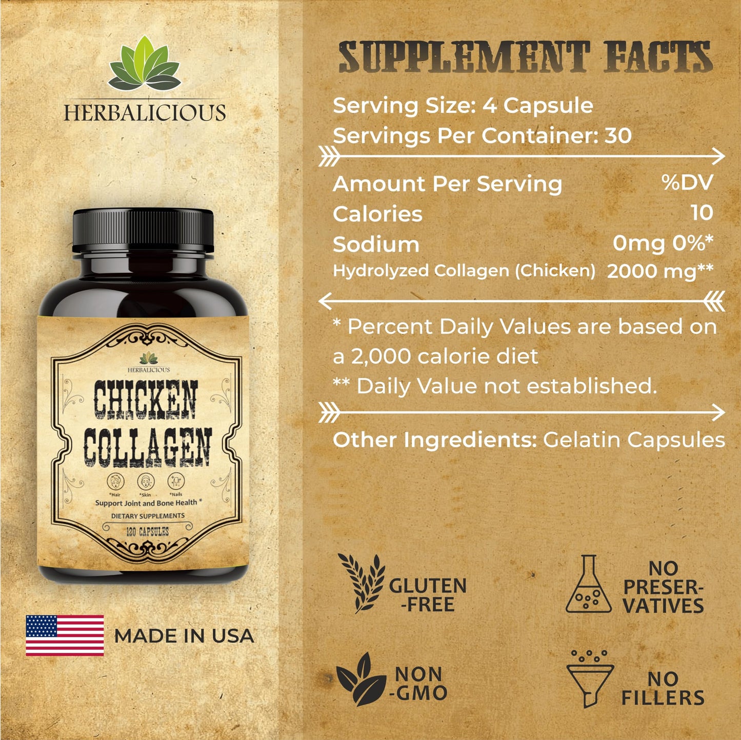 HERBALICIOUS Chicken Collagen Capsules, 120 Count