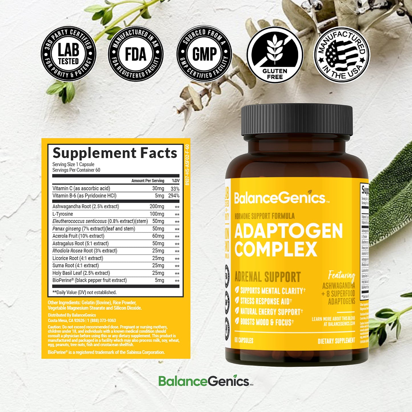 BalanceGenics Adrenal Support Supplement with Ashwagandha, Holy Basil, Rhodiola Rosea 60 Capsules