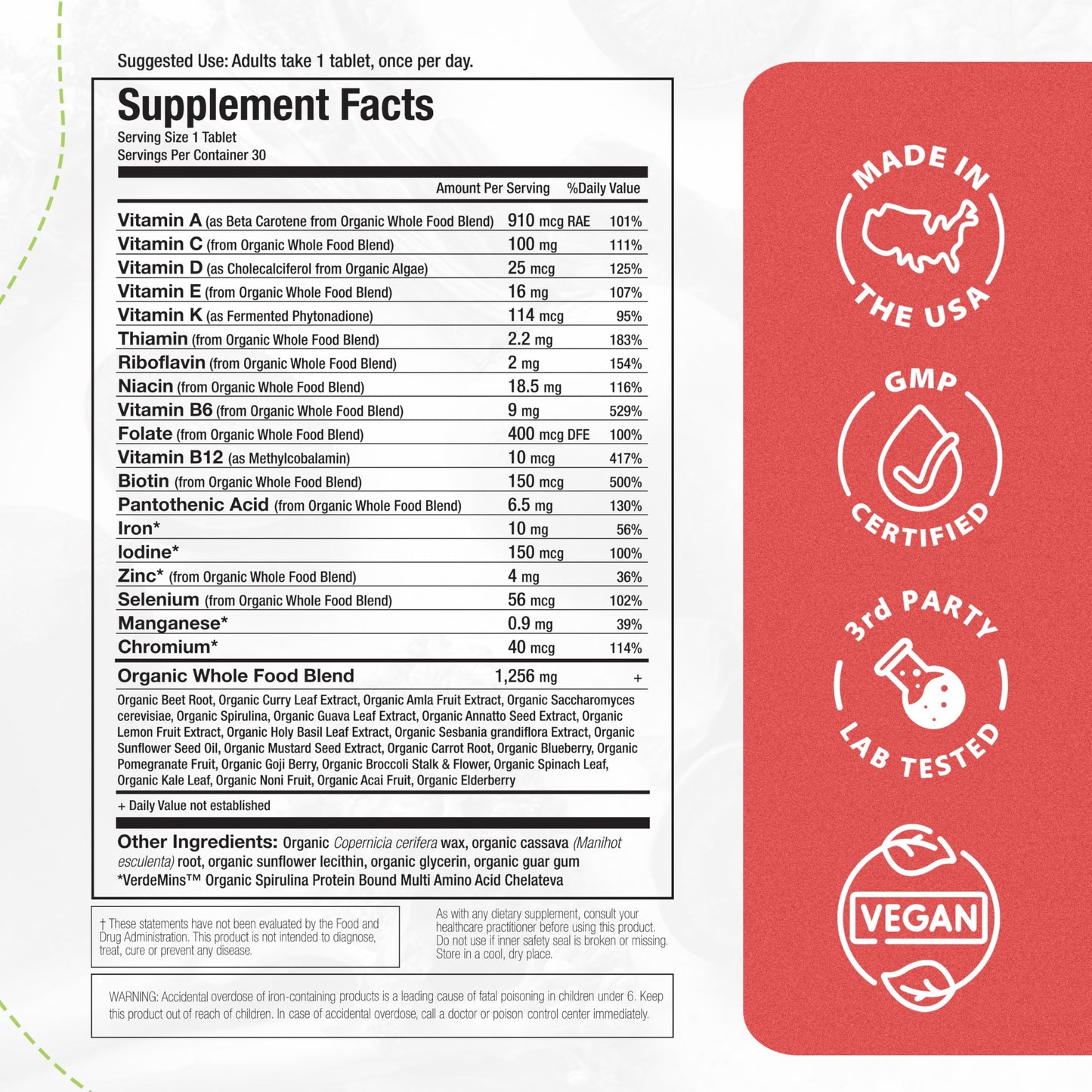 Mama Natural Organic Women's Multivitamin - Whole Food Based, 1 A Day Vegan Tablets, 30 Count