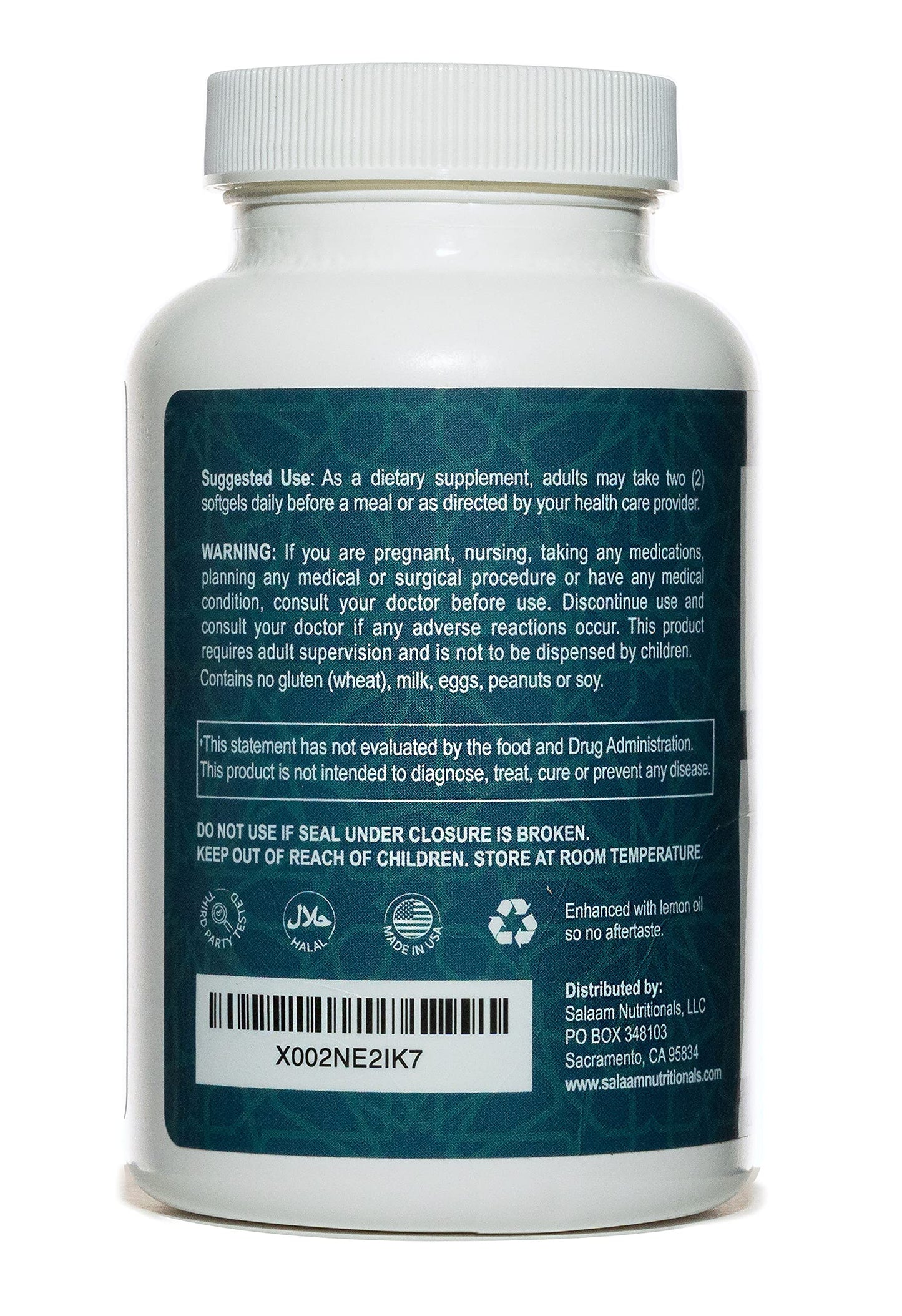 Salaam Nutritionals Halal Fish Oil Burpless Omega-3 DHA+EPA 2000mg Softgel, 60 Count