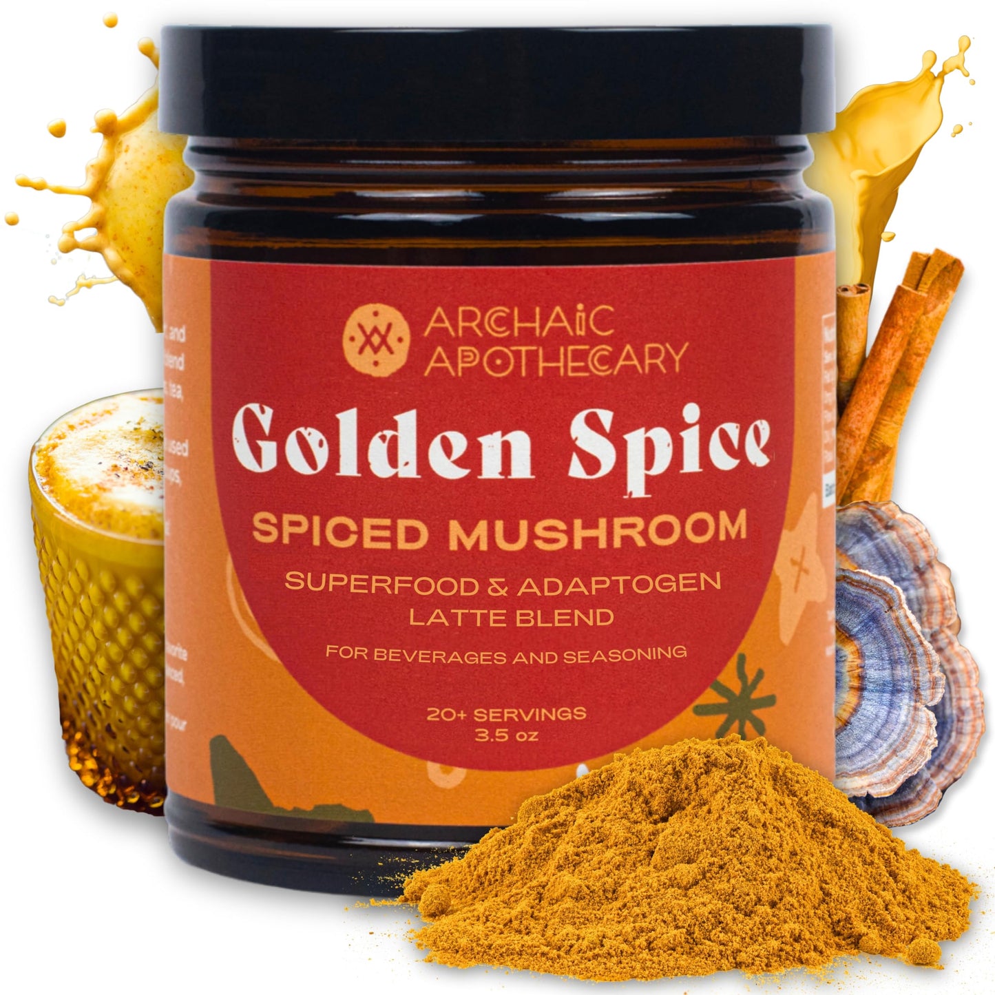 Archaic Apothecary Golden Spice Golden Milk with Mushrooms Turmeric Latte Spice Blend Turkey Tail & Ashwagandha Rooibos Matcha Powder 3.5