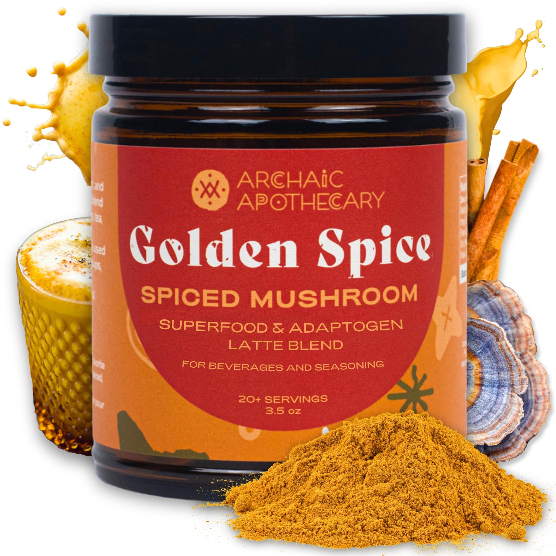 Archaic Apothecary Golden Spice Golden Milk with Mushrooms Turmeric Latte Spice Blend Turkey Tail & Ashwagandha Rooibos Matcha Powder 3.5