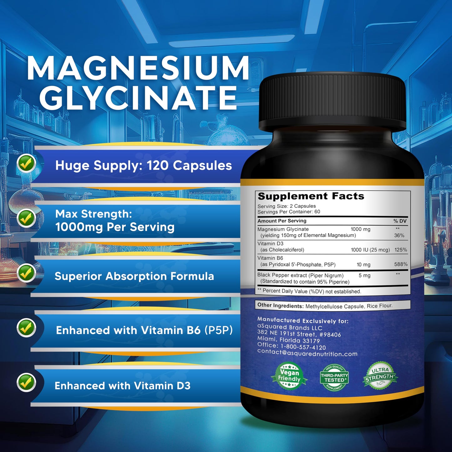 aSquared Nutrition Magnesium Glycinate 1000mg with D3 & B6 - Mag Complex - 500mg per Capsule, 120 Capsules