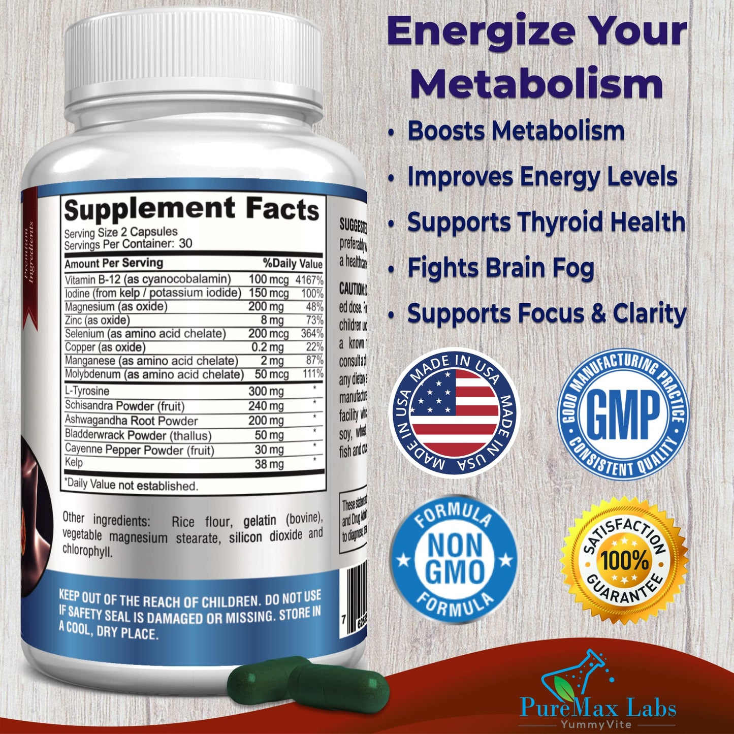 YUMMYVITE Thyroid Support with Iodine - Metabolism Booster Non-GMO, 60 Capsules