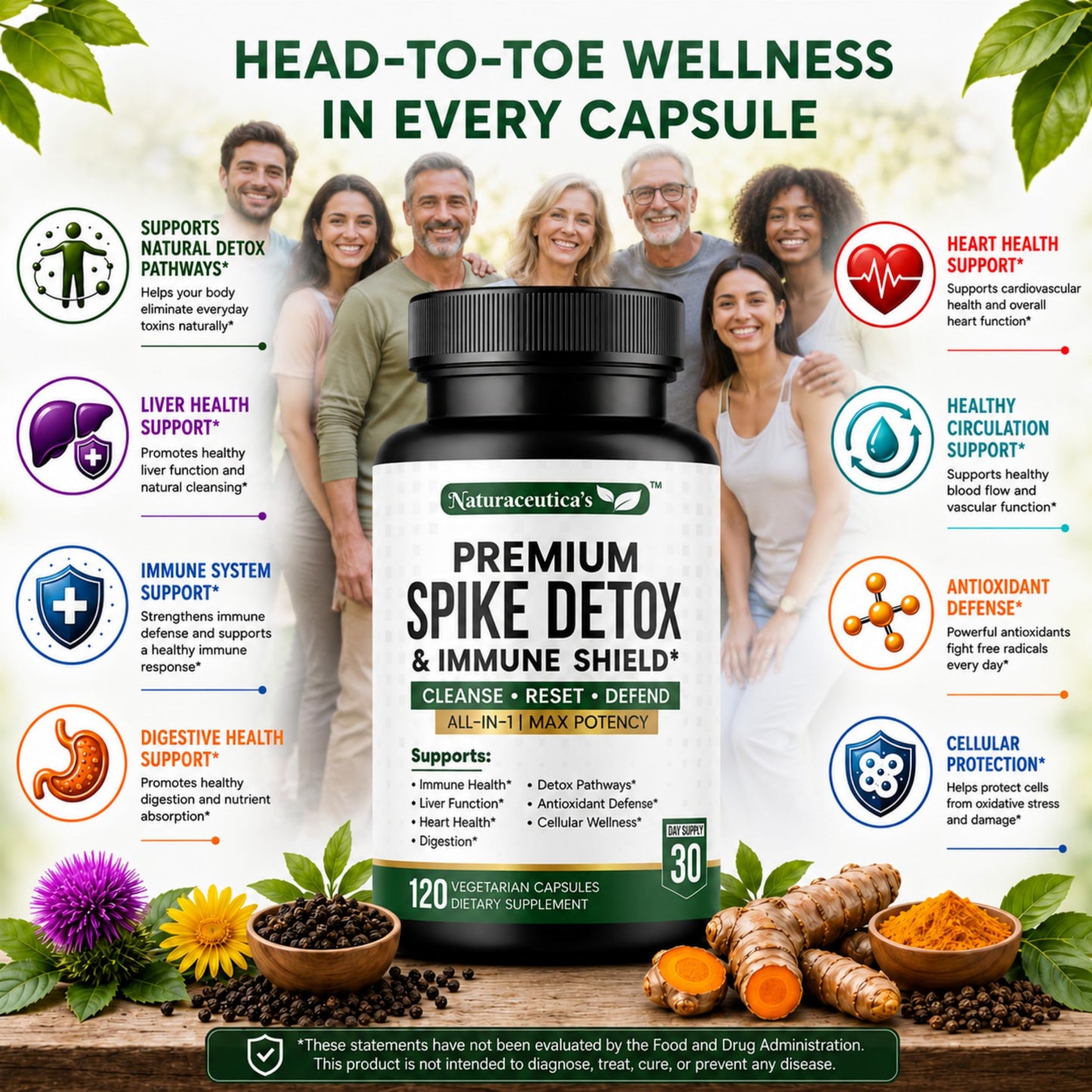 Naturaceutica's Premium Spike Protein Detox Wellness Formula – 8X Potency Nattokinase, Bromelain, Curcumin, Milk Thistle for Spike Support, Antioxidant & Immune Support, Liver & Heart Health Capsules 120