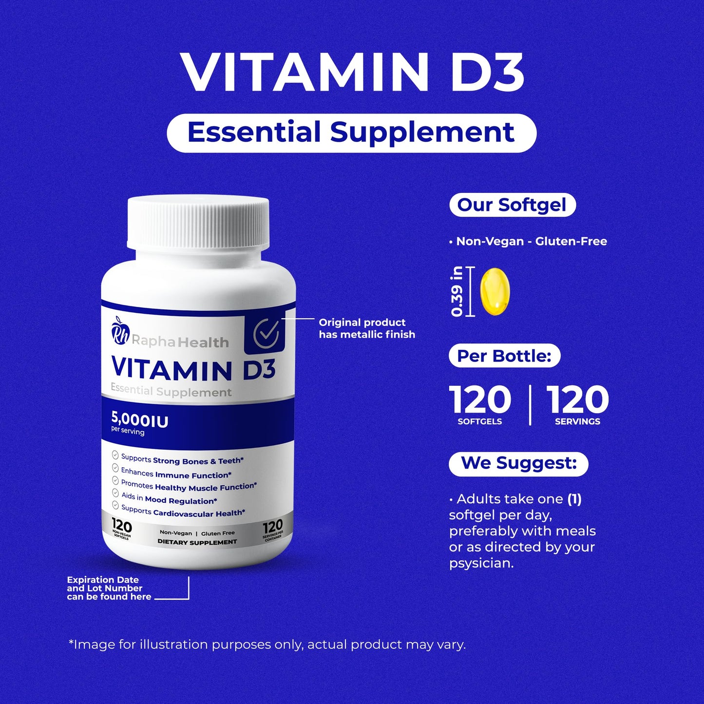 RAPHA HEALTH Vitamin D3 High Potency 5000 IU 120 Softgels