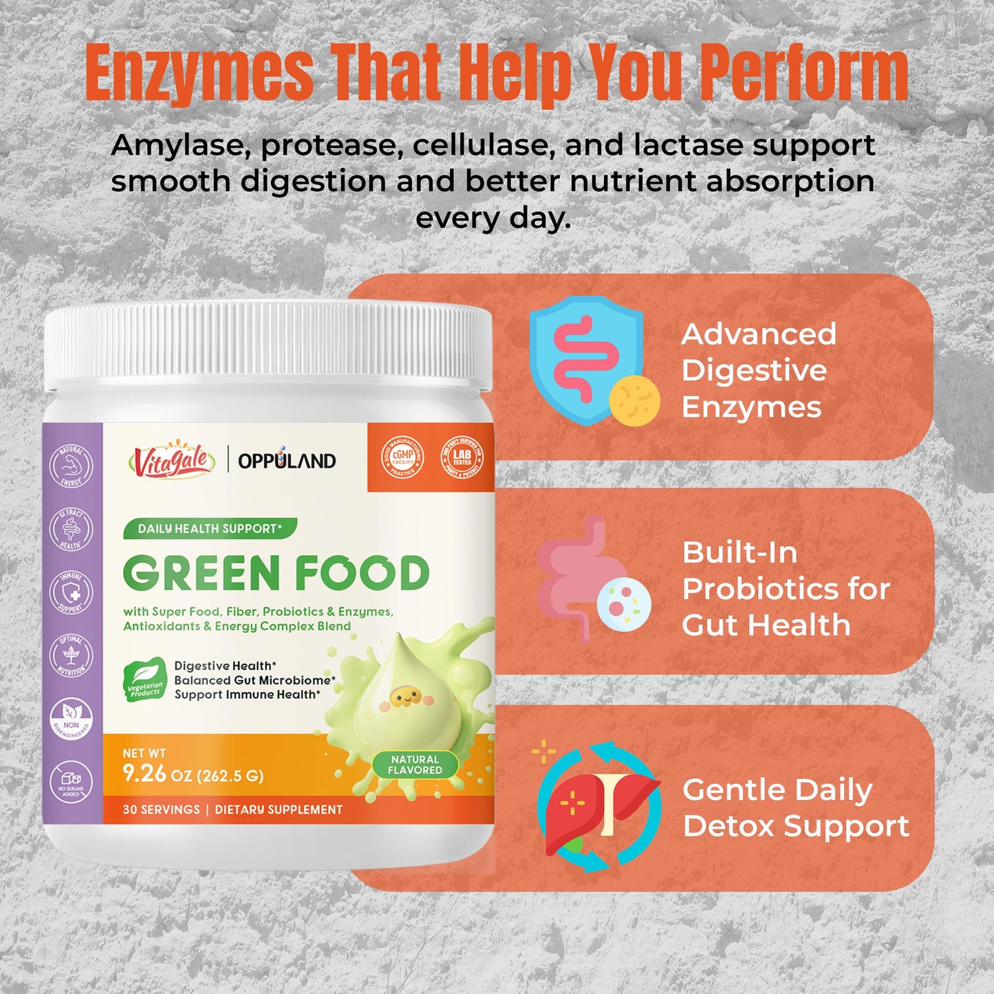 oppuland Green Food – Superfood Greens with Spirulina, Chlorella, Barley Grass, Probiotics & Enzymes Powder 9.26 oz
