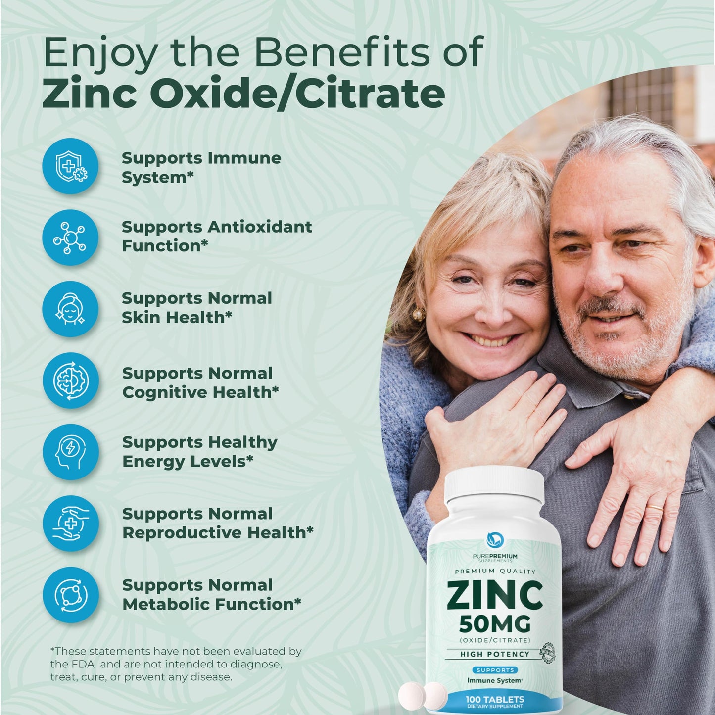 PurePremium Supplements Natural Zinc 50mg Tablets, 100 Count