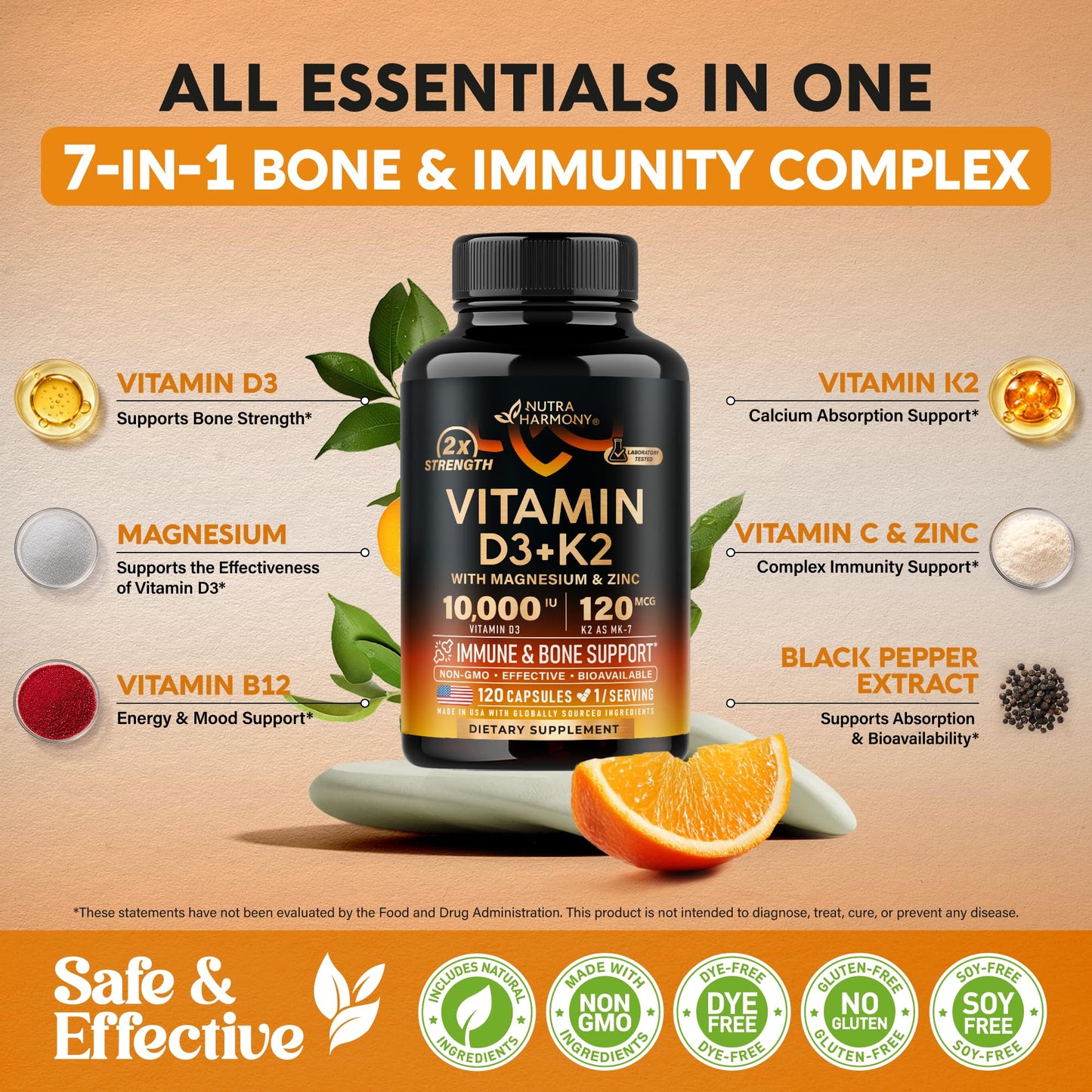 NUTRAHARMONY Vitamin D3 K2 Complex Capsule 10000 IU & K2 as MK-7 120 mcg, 120 Count
