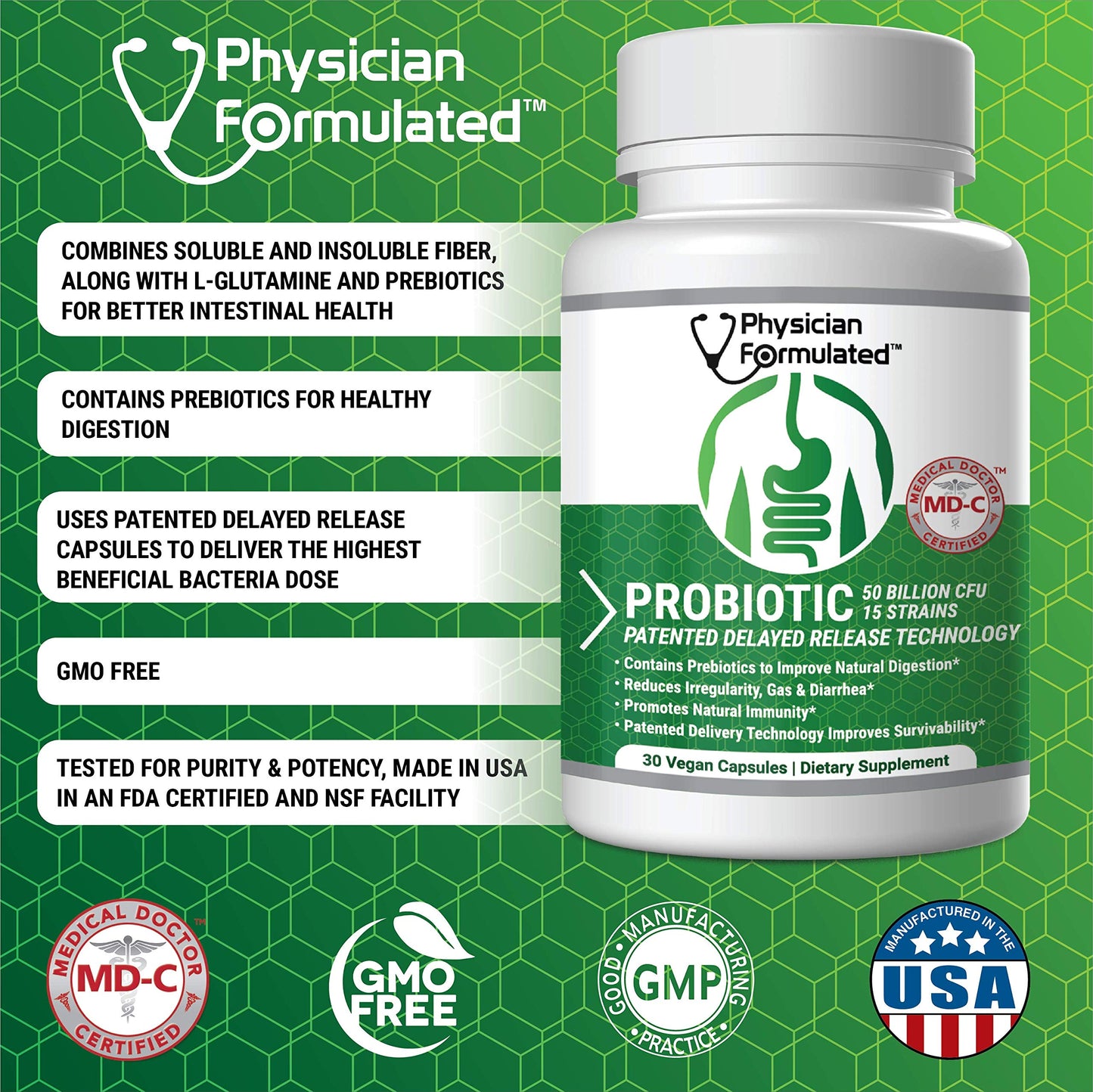Physician Formulated Probiotics for Women & Men - 50 Billion, 15 Strains Slow Release DR Capsules & Prebiotics to Improve Digestive Health, Immune Support, 30 Capsules