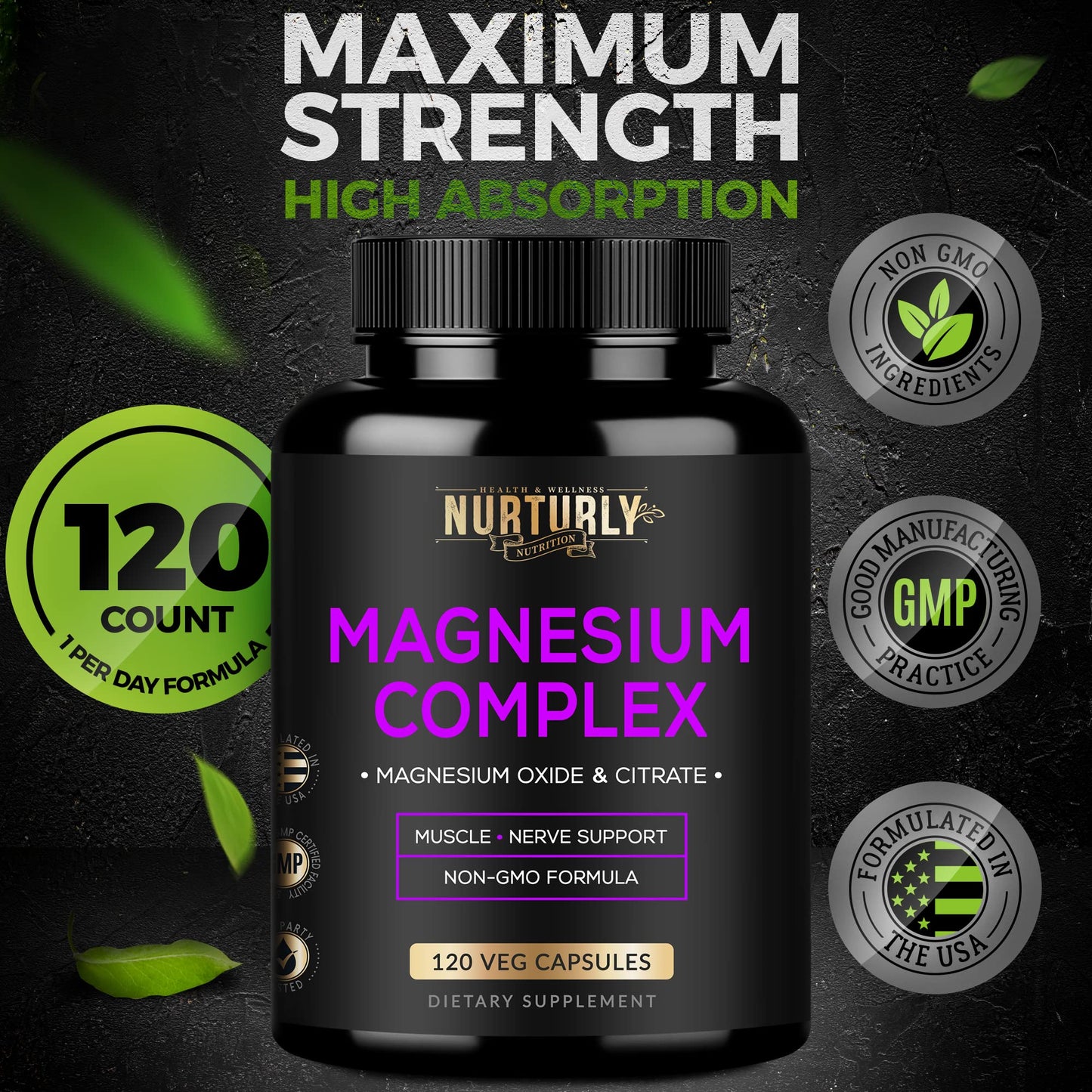 NURTURLY Magnesium Citrate & Oxide 500mg Complex Capsule, 360 Count