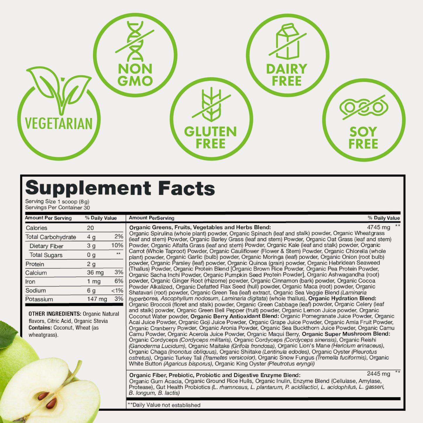 Zena Nutrition Organic Super Greens Powder 30 Servings