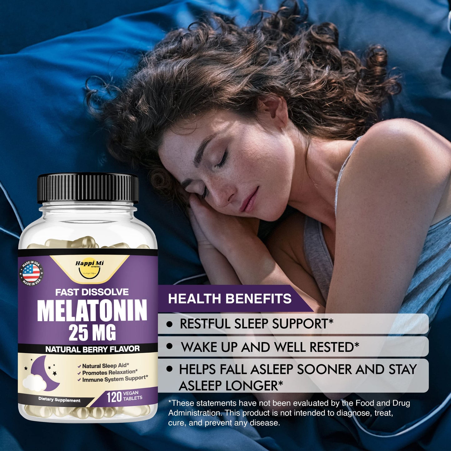 Happi Mi Nutrition Melatonin 25mg Extra Strength with L-Theanine & Vitamin B-6 Fast-Dissolve Tablets, 120 Count