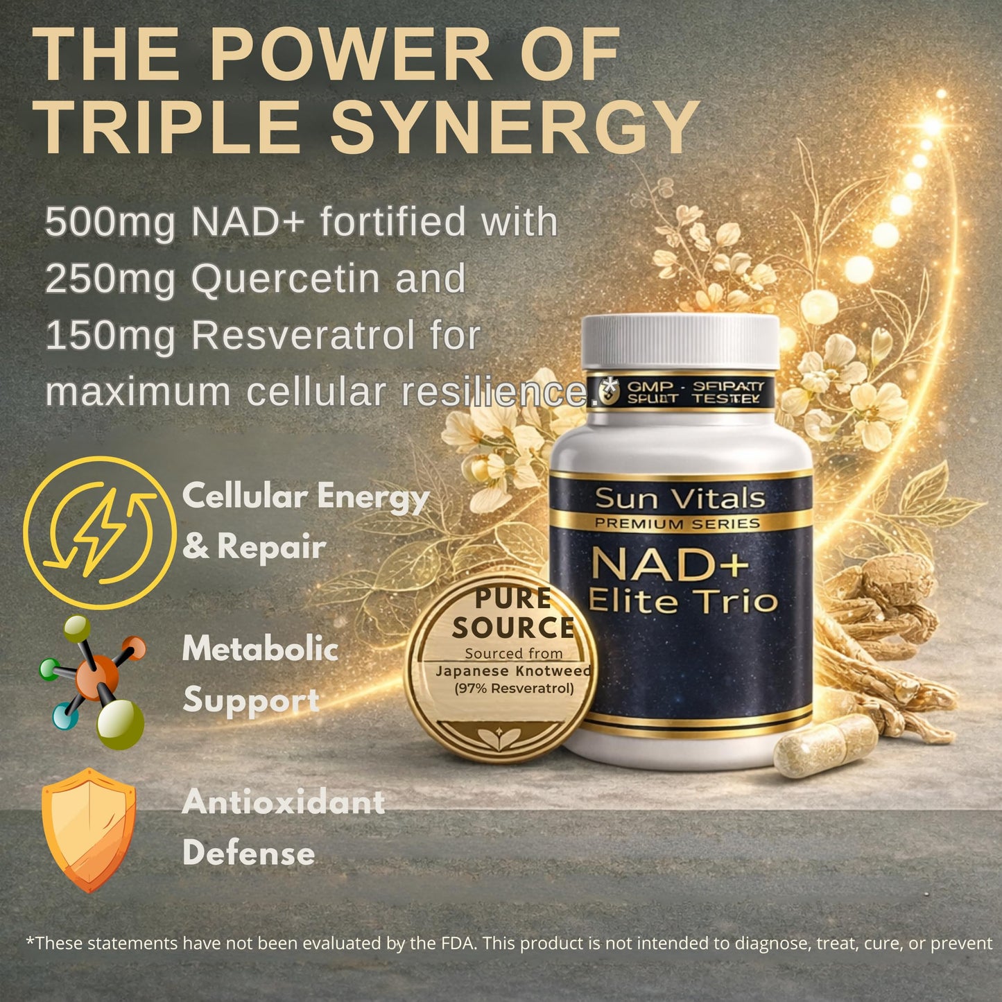 Sun Vitals Natural NAD+ Supplement 500 mg with Resveratrol & Quercetin, 60 Capsules