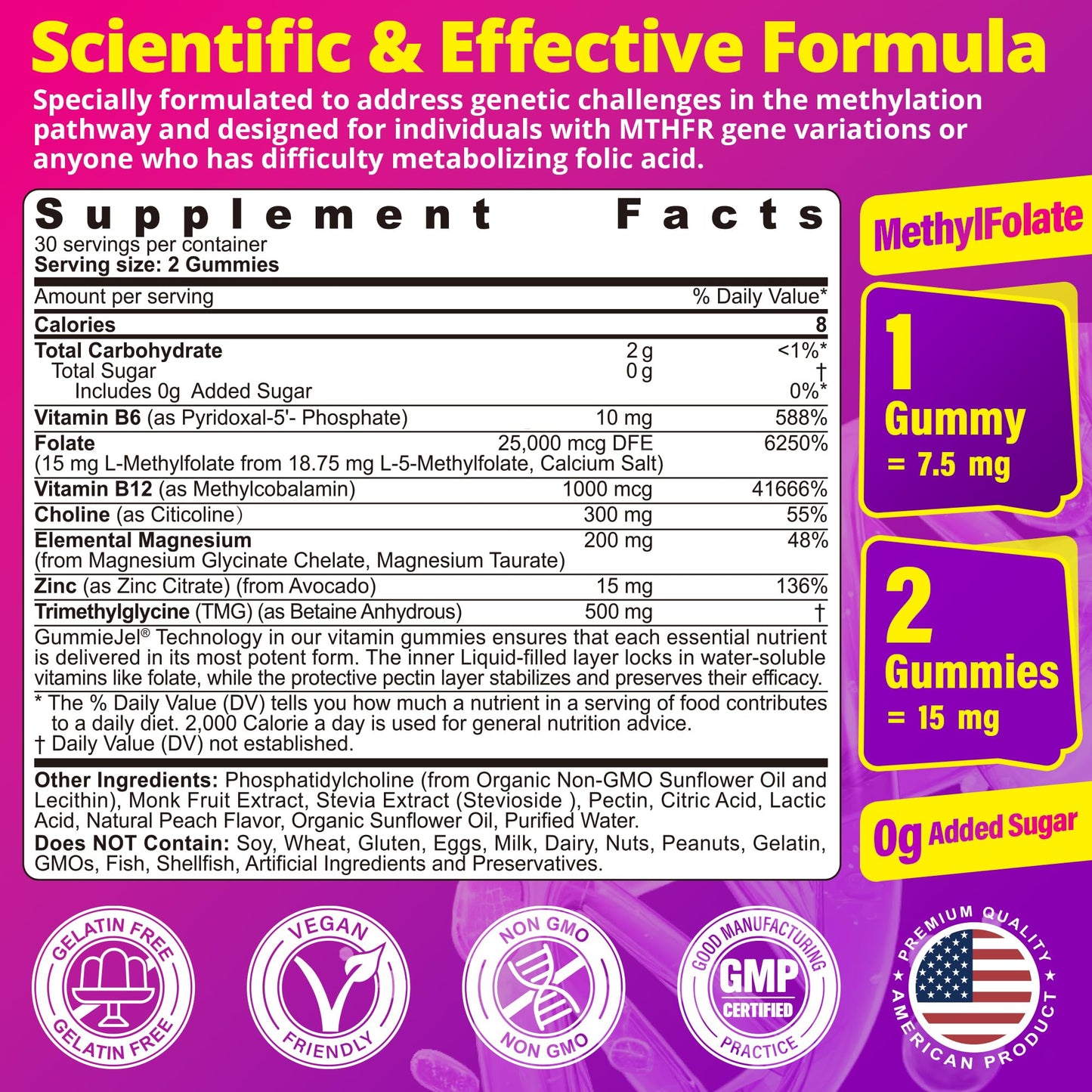 LILICARE L-MethylFolate + B12 Gummies, Methylated B Complex + TMG, Magnesium & Choline, 5-MTHF(B9) Active + Methyl B12, B6, Sugar Free, 60 Count