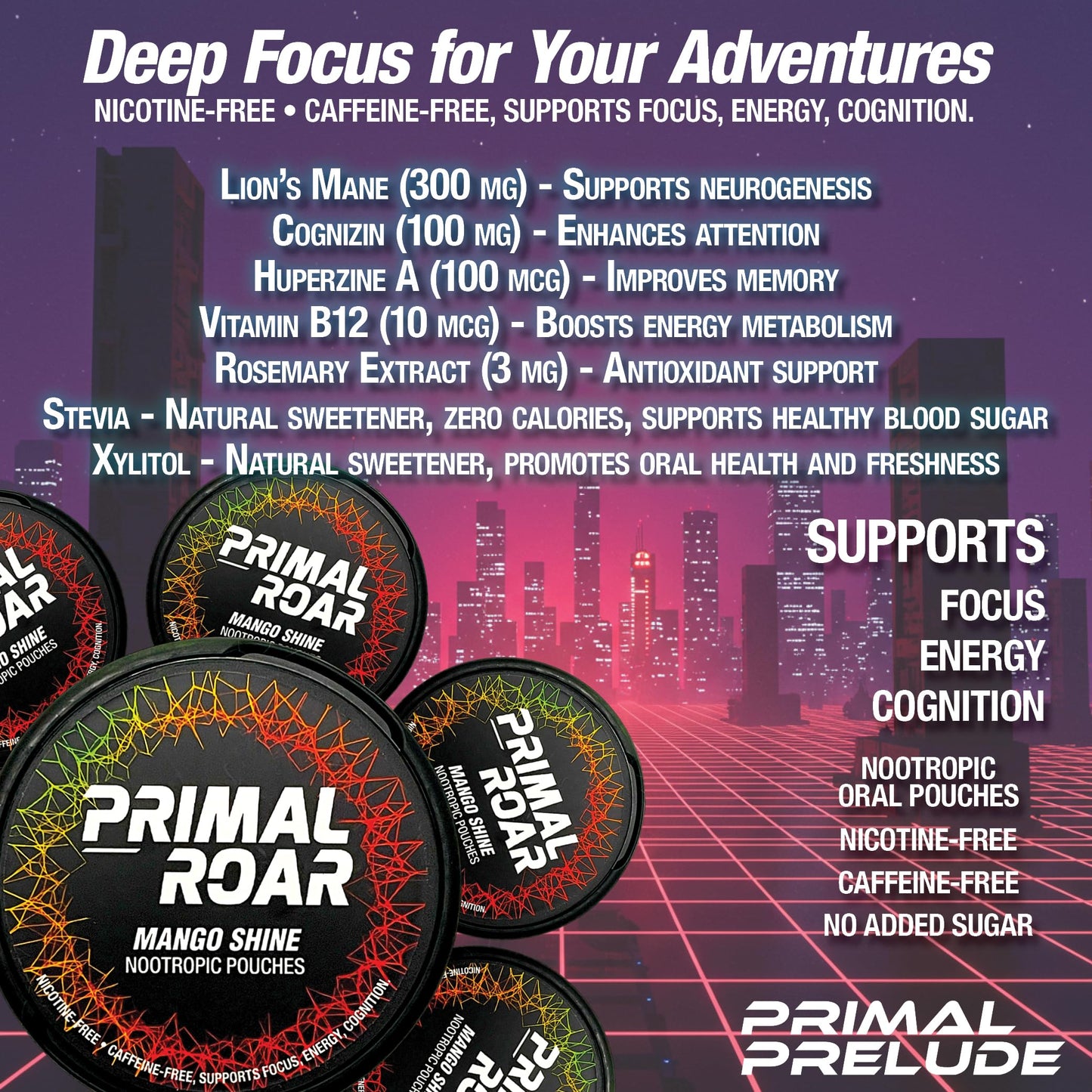 Primal Prelude Mango Mushroom Nootropic with Lion's Mane, 100 Tablets