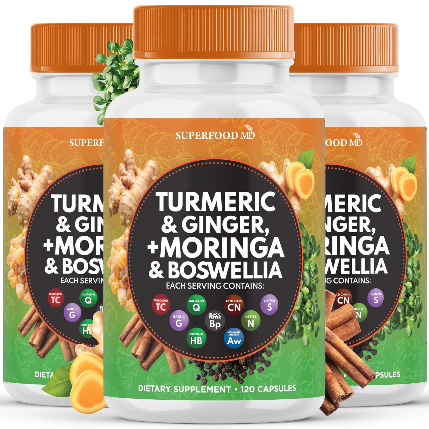 Superfood MD Turmeric Moringa Joint Support Capsule with Ginger, Boswellia, Saffron, Holy Basil, 360 Capsules