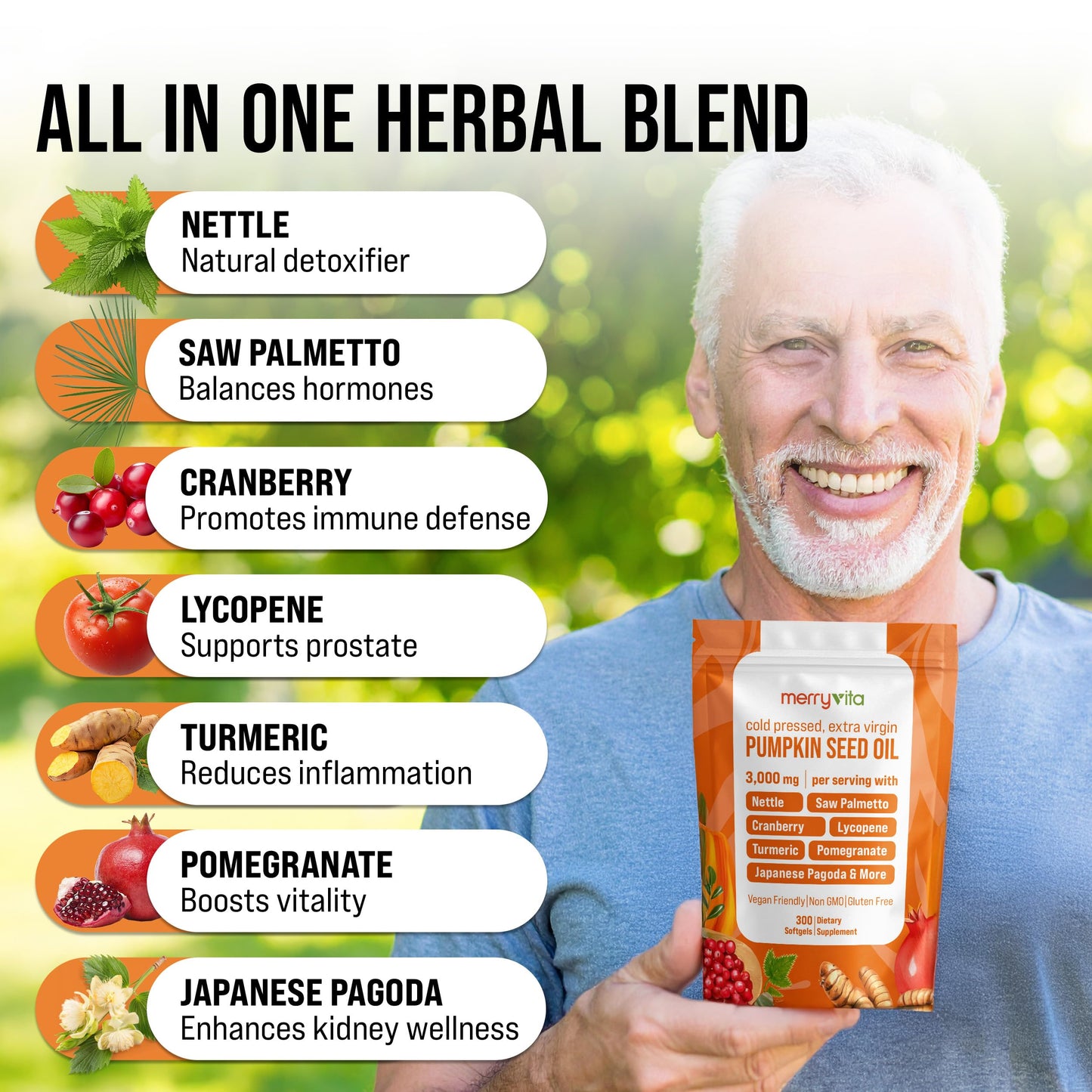 MERRY VITA Pumpkin Seed Oil with Saw Palmetto, Turmeric, Nettle & More Softgels, 300