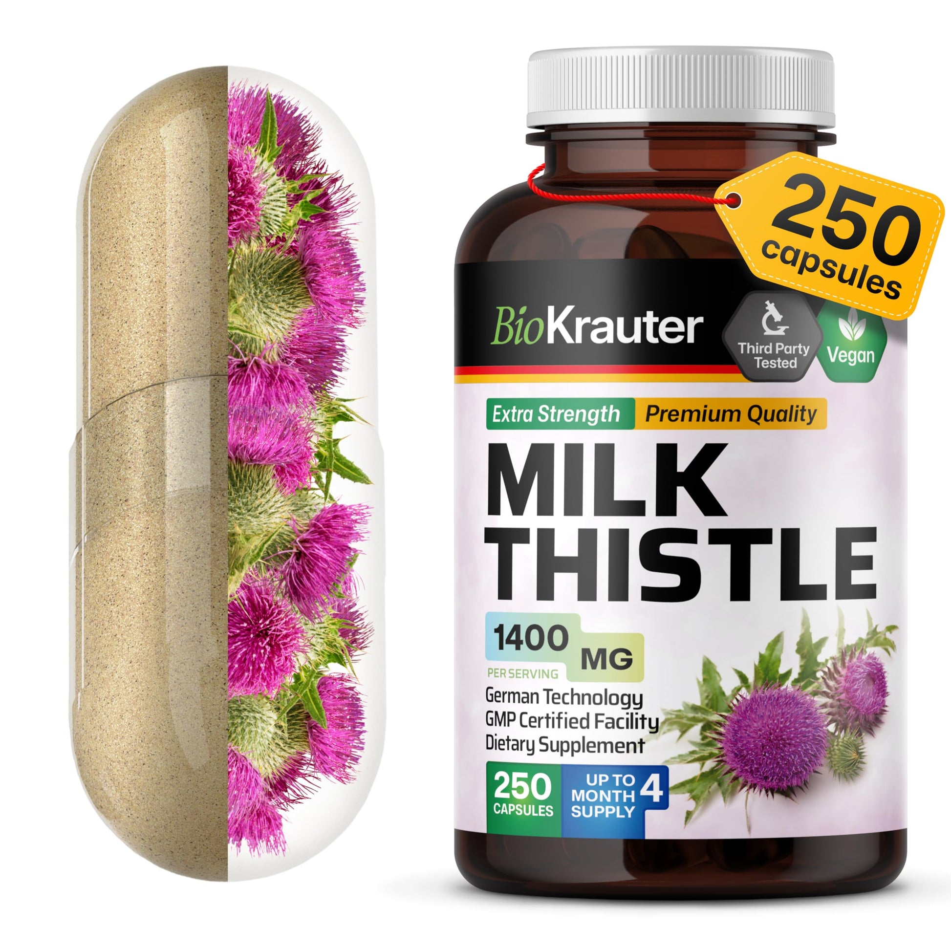 BIO KRAUTER Milk Thistle Supplement for Liver Cleanse & Detox Capsule 250 Capsules