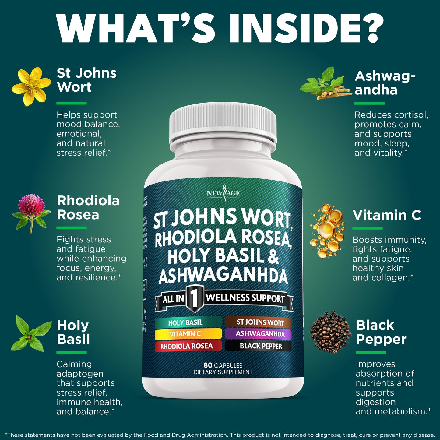 NEW AGE St Johns Wort, Rhodiola Rosea, Holy Basil, Ashwagandha - Support for Women and Men with Vitamin C & Black Pepper Extract - 180 Capsules
