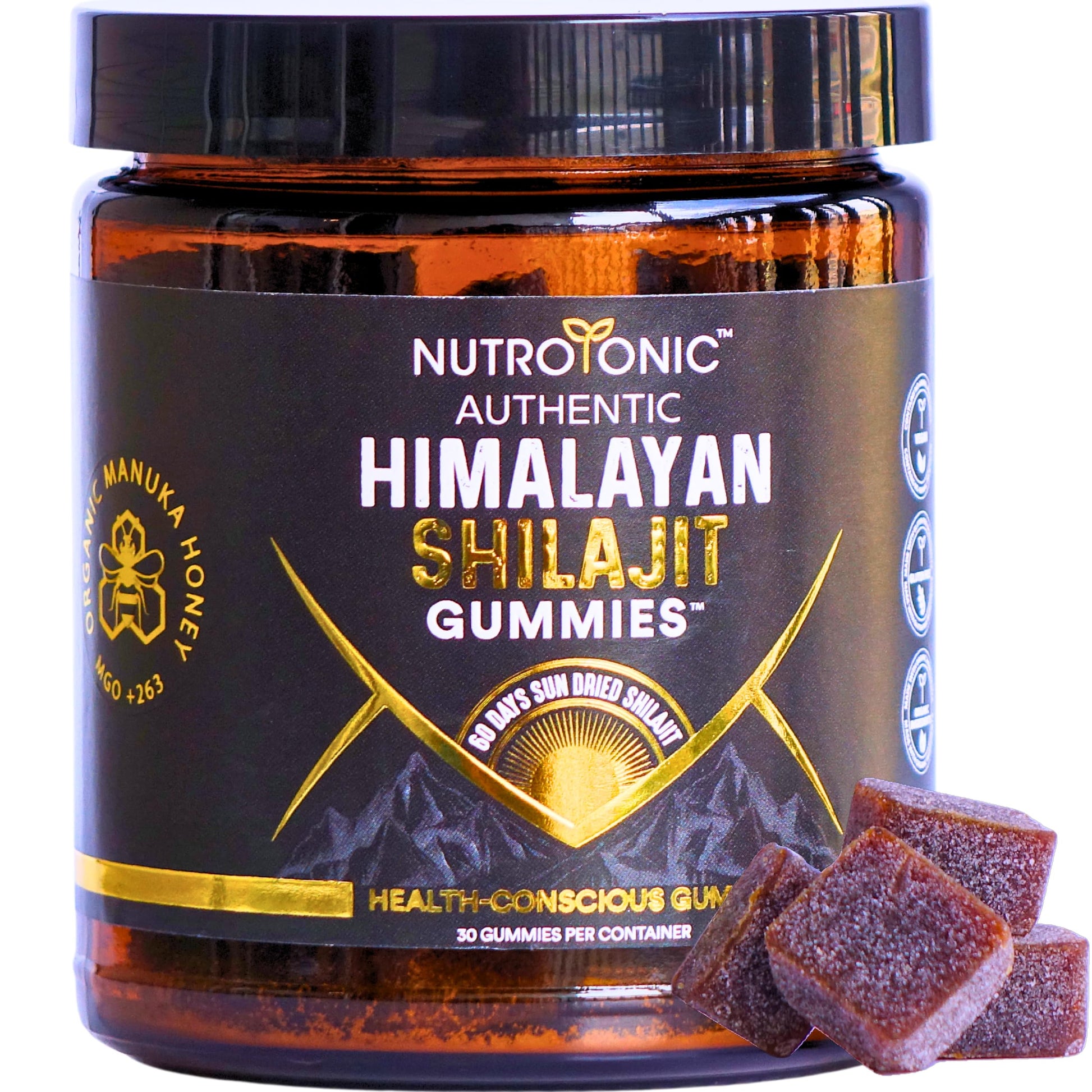 NutroTonic LLC Organic Himalayan Shilajit Gummies – Peach Vanilla Flavor – Shilajit for Men & Women – Wild Crafted Manuka Honey MGO +263 – Made in USA, 30 Gummies