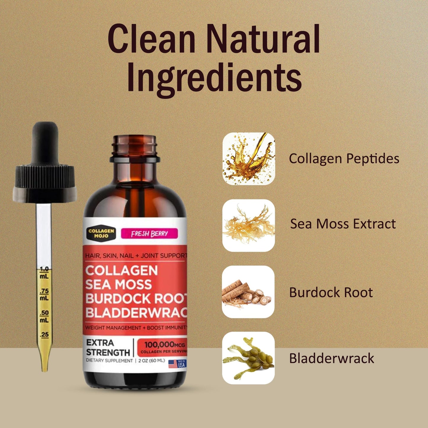 Collagen Mojo Liquid Collagen Peptides with Sea Moss, Burdock Root & Bladderwrack and Liquid Collagen Peptides with Ashwagandha, Elderberry & L-Theanine, 1