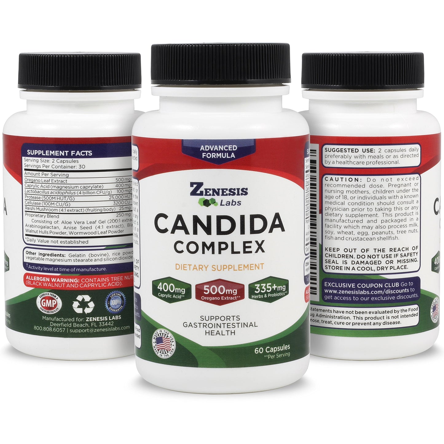 Zenesis Labs Candida Complex Cleanse Detox Caprylic Acid Supplement with Oregano Extract, Probiotics, Enzymes, 60 Capsules