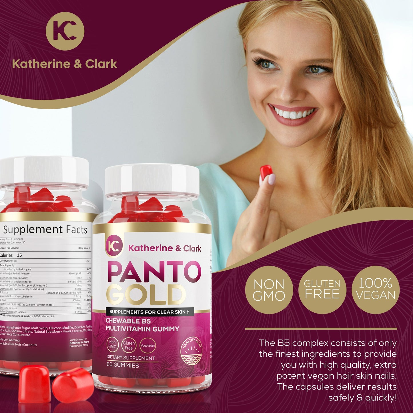 Katherine & Clark Panto Gold Vitamin B5 Pantothenic Acid Gummies - Chewable - 60 Count
