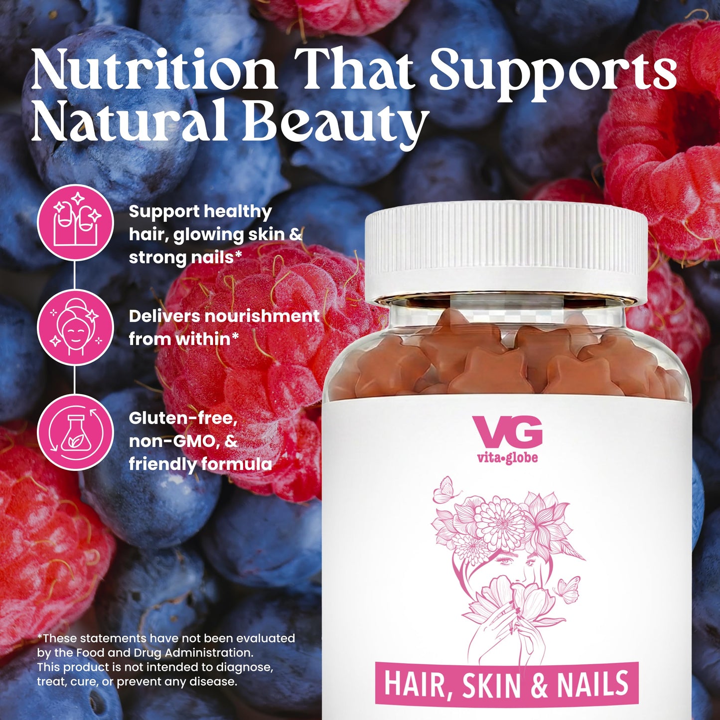VITA GLOBE Hair, Skin & Nails + Collagen Gummies – 20mg with Vitamins A, C, D, E, B6 & Biotin, Beauty & Wellness Supplement for Healthy Hair Growth, Radiant Skin & Strong Nails, 60 Gummies