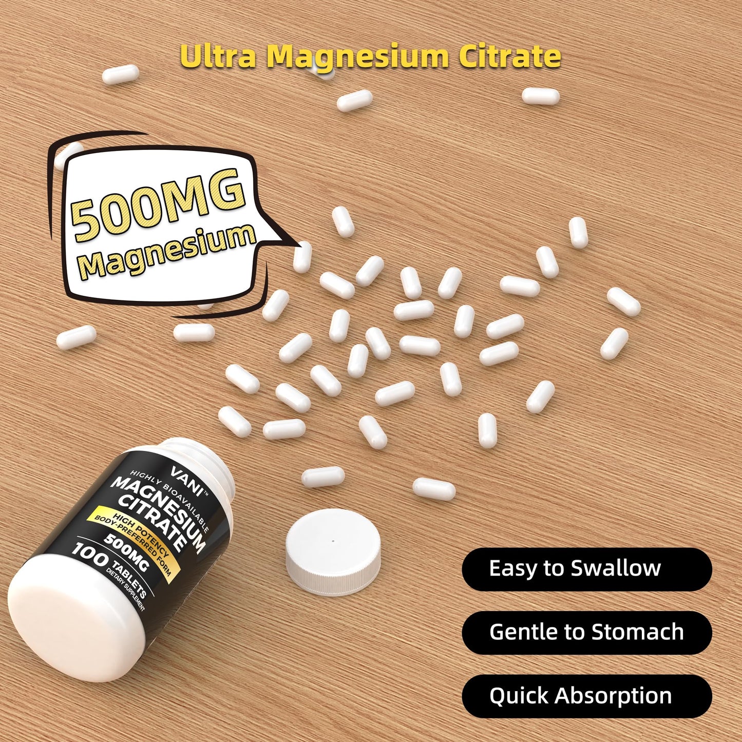 VANI Magnesium Citrate 500mg Capsule, 100 Count