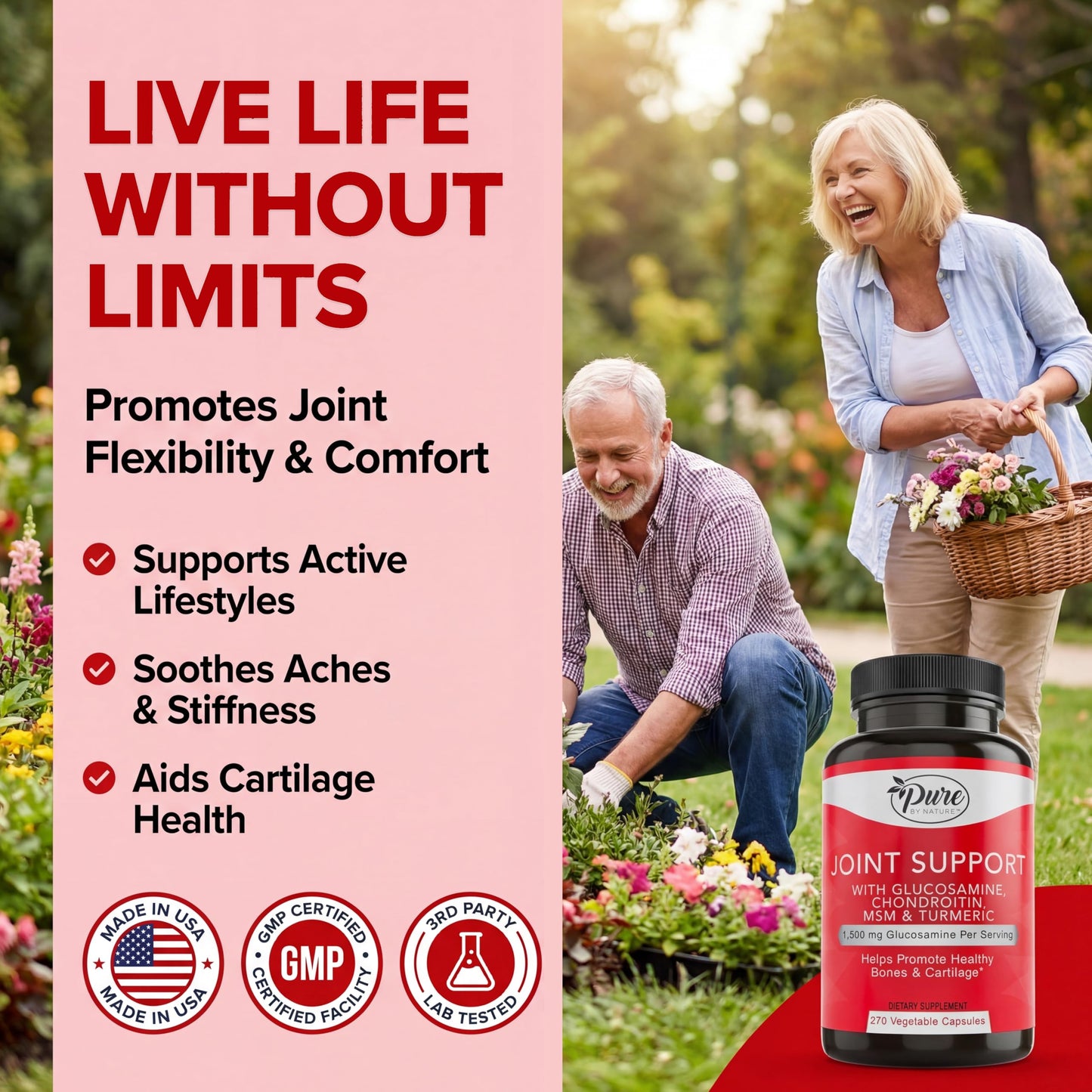 Pure By Nature Joint Support Glucosamine with Chondroitin Turmeric MSM Boswellia, 270 Capsules
