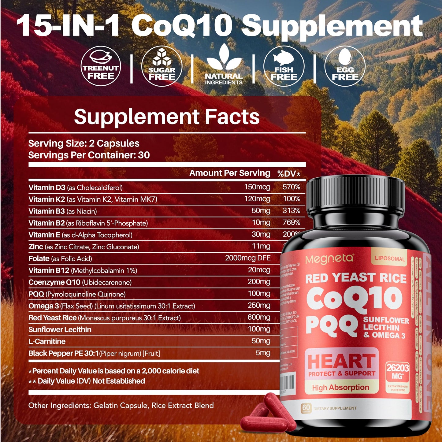 MEGNETA CoQ10 Supplement with Sunflower Lecithin & Omega-3 Capsule, 180 Capsules