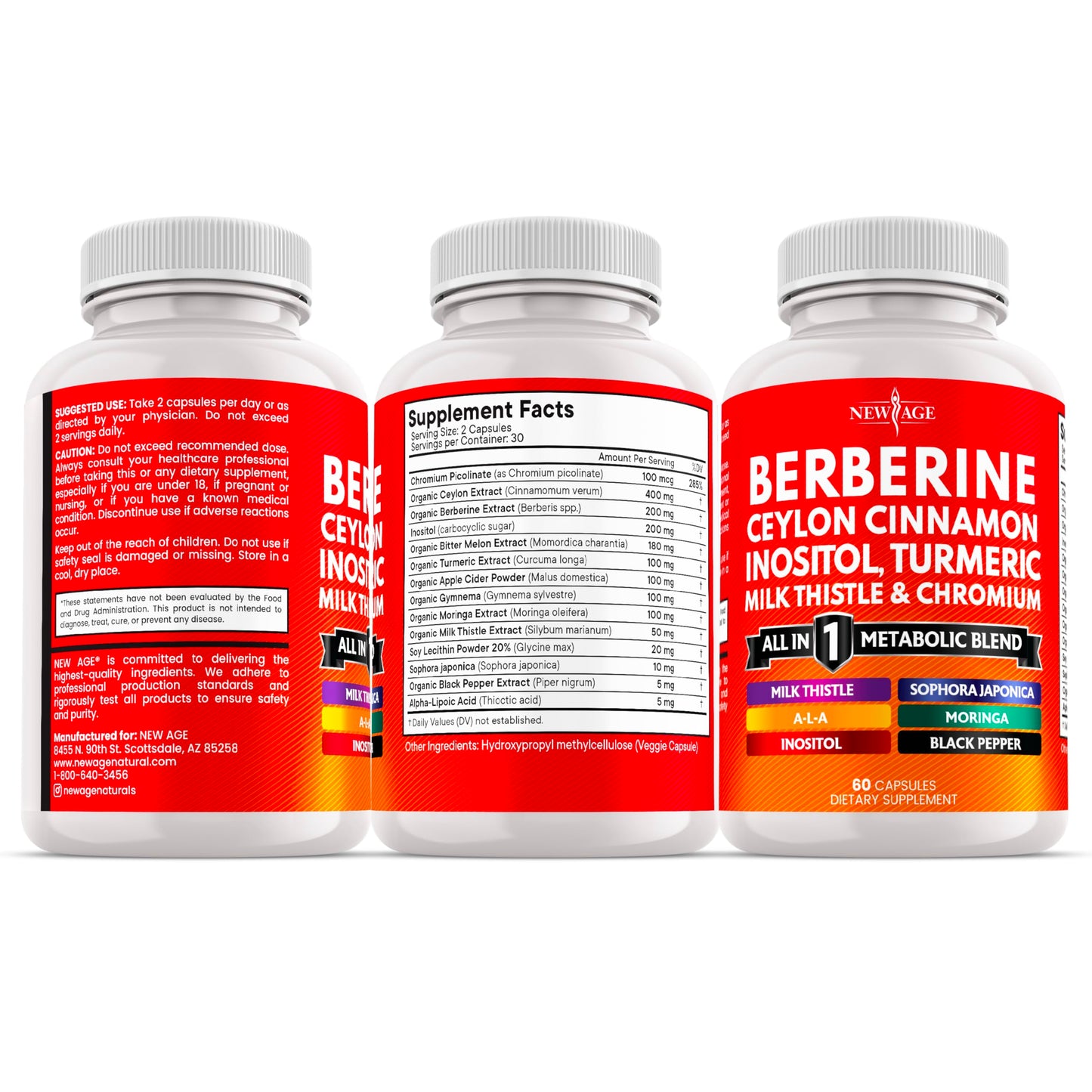 NEW AGE Berberine and Ceylon Cinnamon Supplement Capsules 60 Count