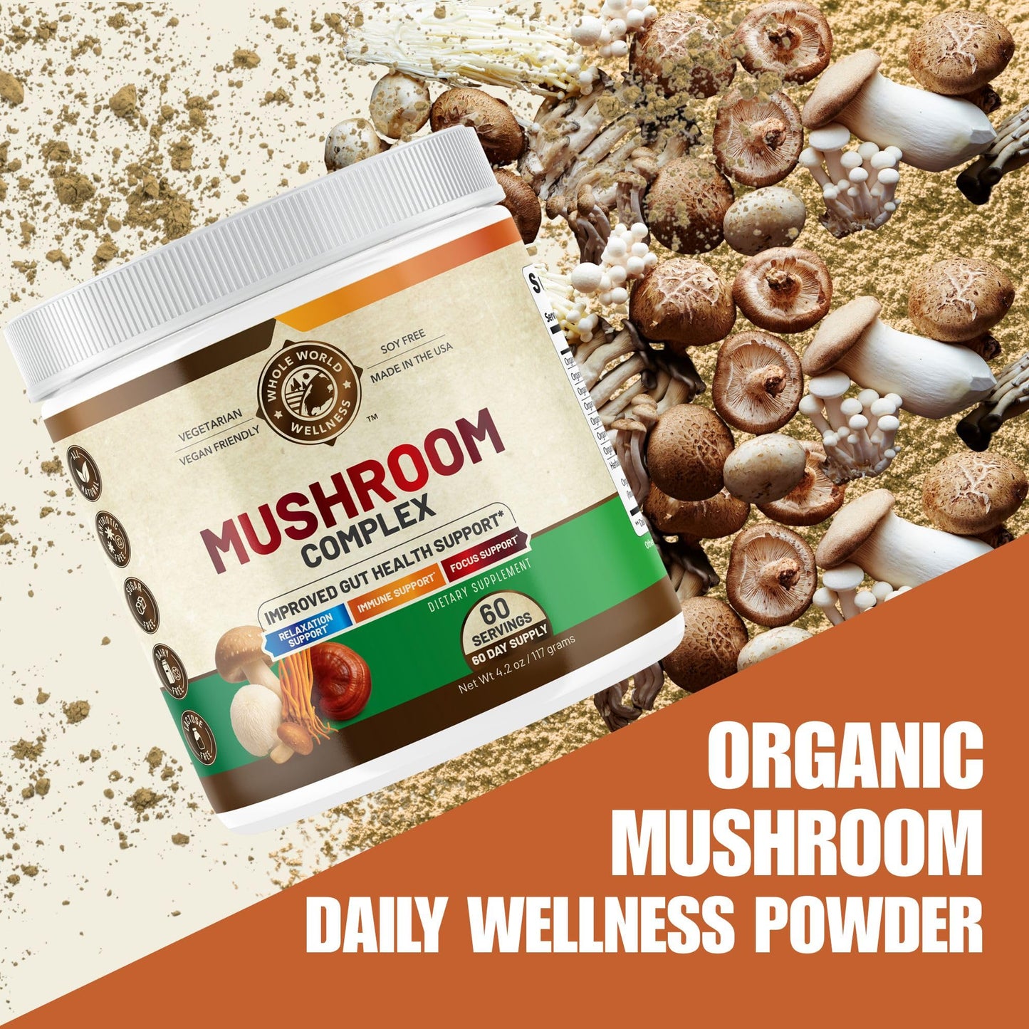 WHOLE WORLD WELLNESS Organic Mushroom Complex Powder 4.2 oz