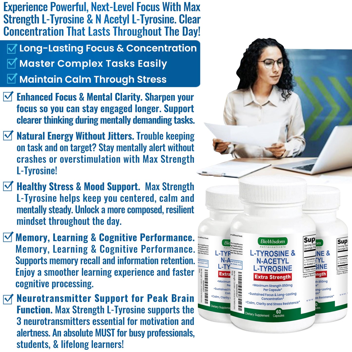 BioWisdom Nutraceuticals Max Strength L Tyrosine Supplement & N Acetyl L Tyrosine Peak Focus, Alertness, Concentration, Body & Mind Energy Capsule, 60 Count