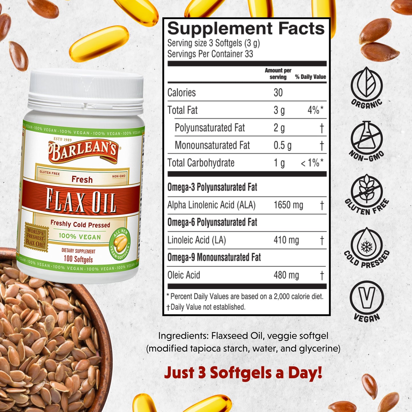 Barlean's Vegan Flaxseed Oil Softgels 100 Count