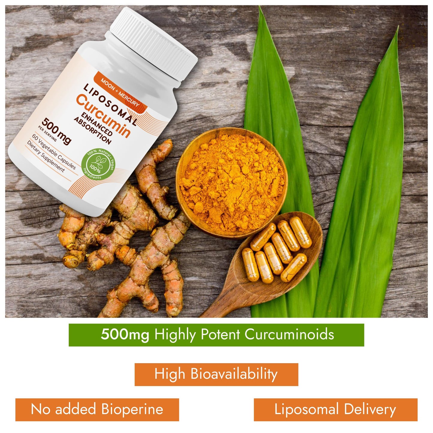 Moon + Mercury Liposomal Turmeric Curcumin Supplement Capsules, 60 Capsules