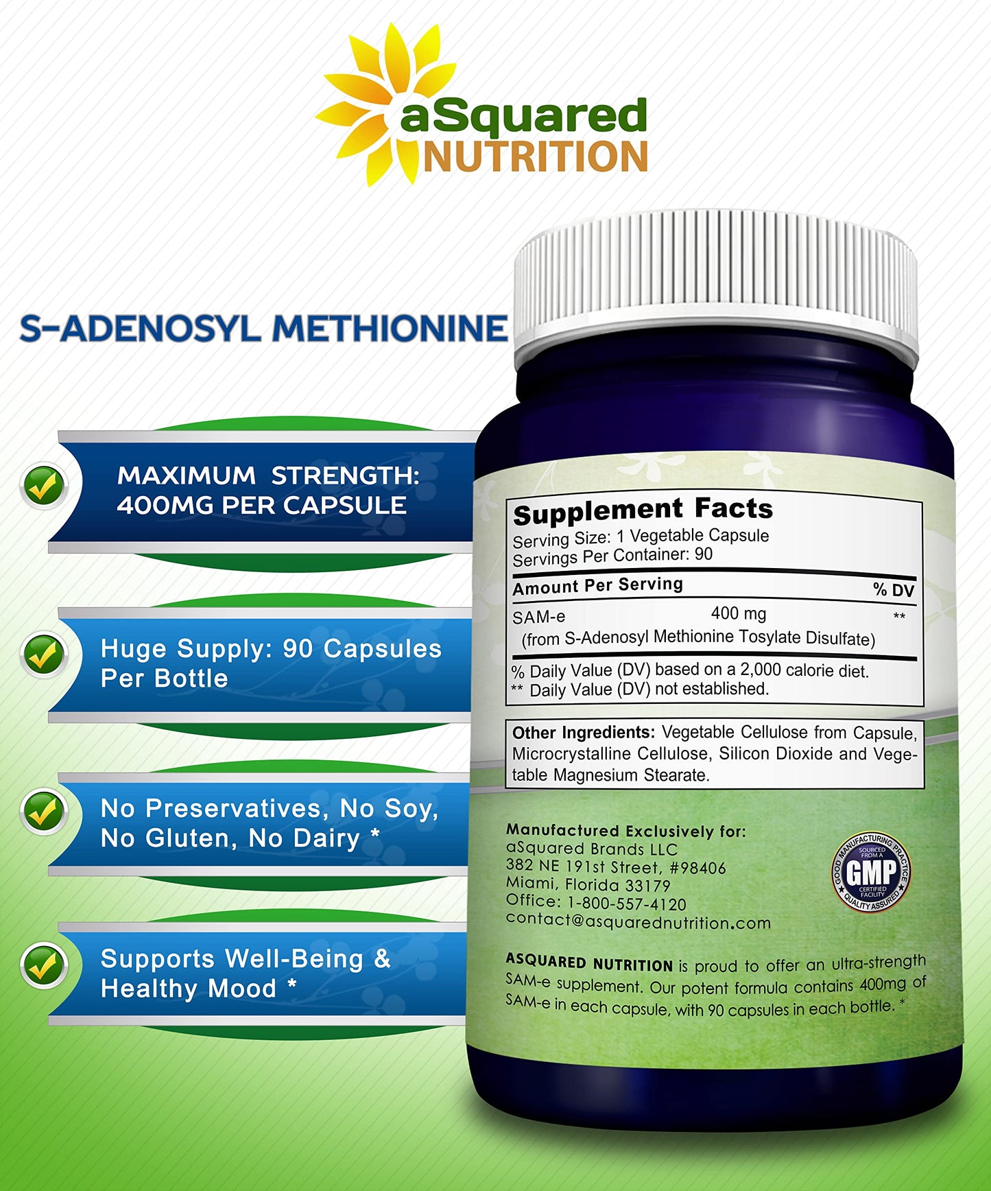aSquared Nutrition SAM-e 400mg Supplement Capsules, 90 Count